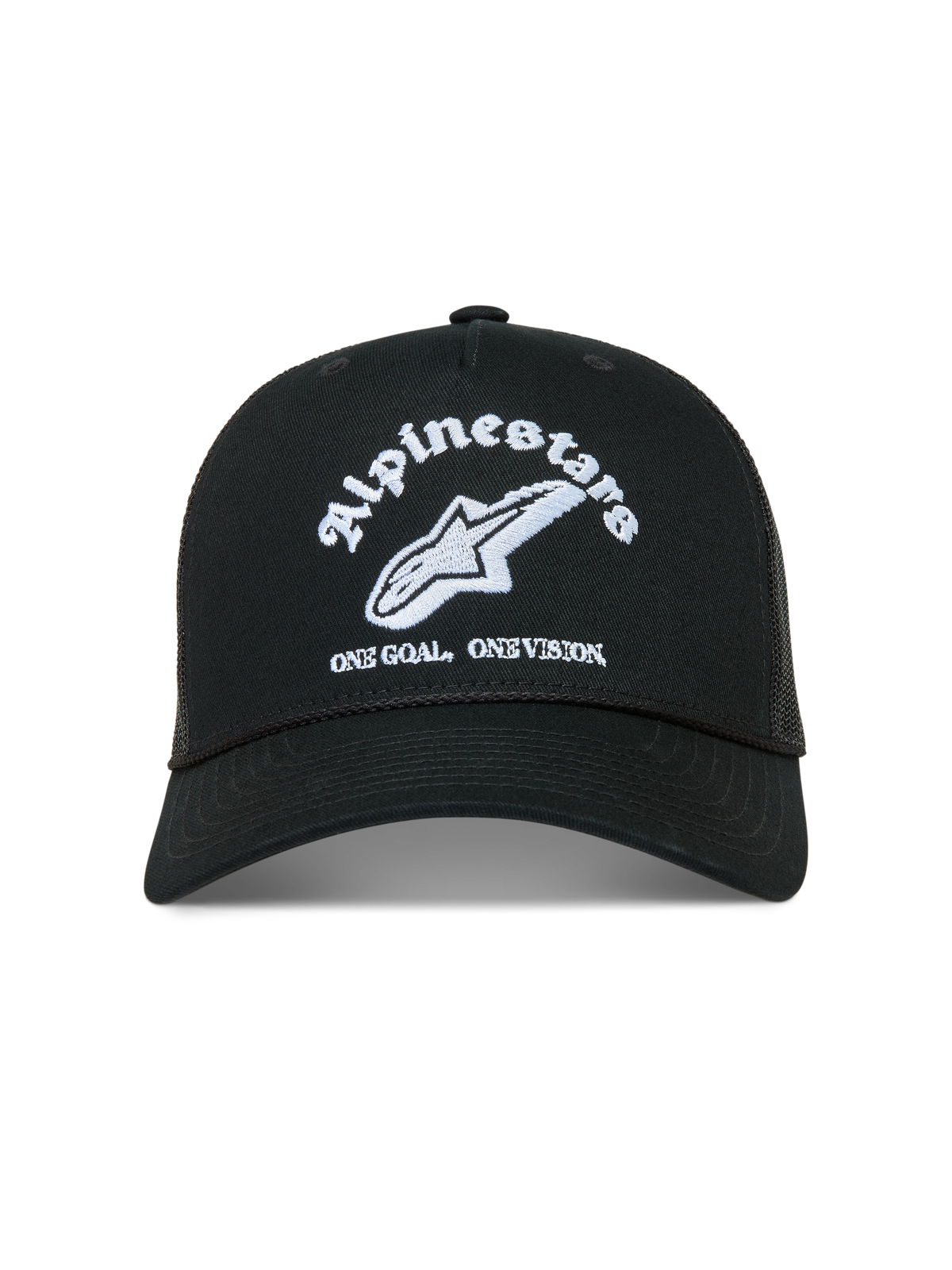 Alpinestars Baron Trucker Hat, black sportswear cap featuring white logo embroidery, curved bill, and breathable mesh back.