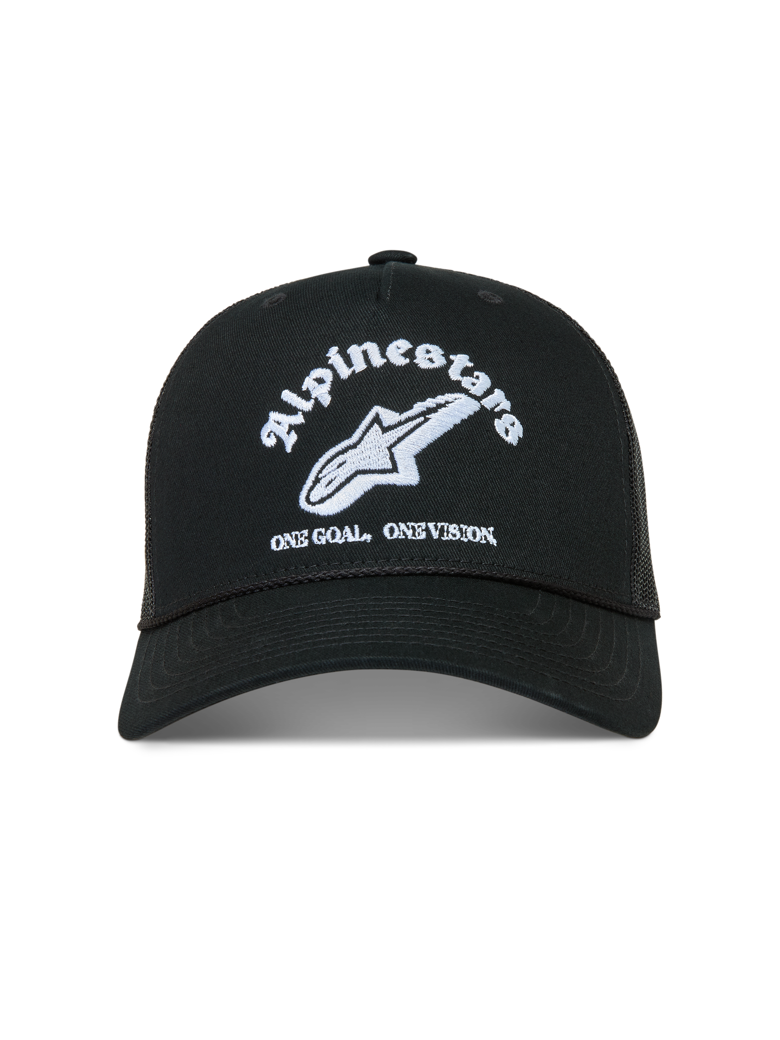 Alpinestars Baron Trucker, casquette trucker noire avec logo brodé blanc, visière courbée et arrière en maille respirante.