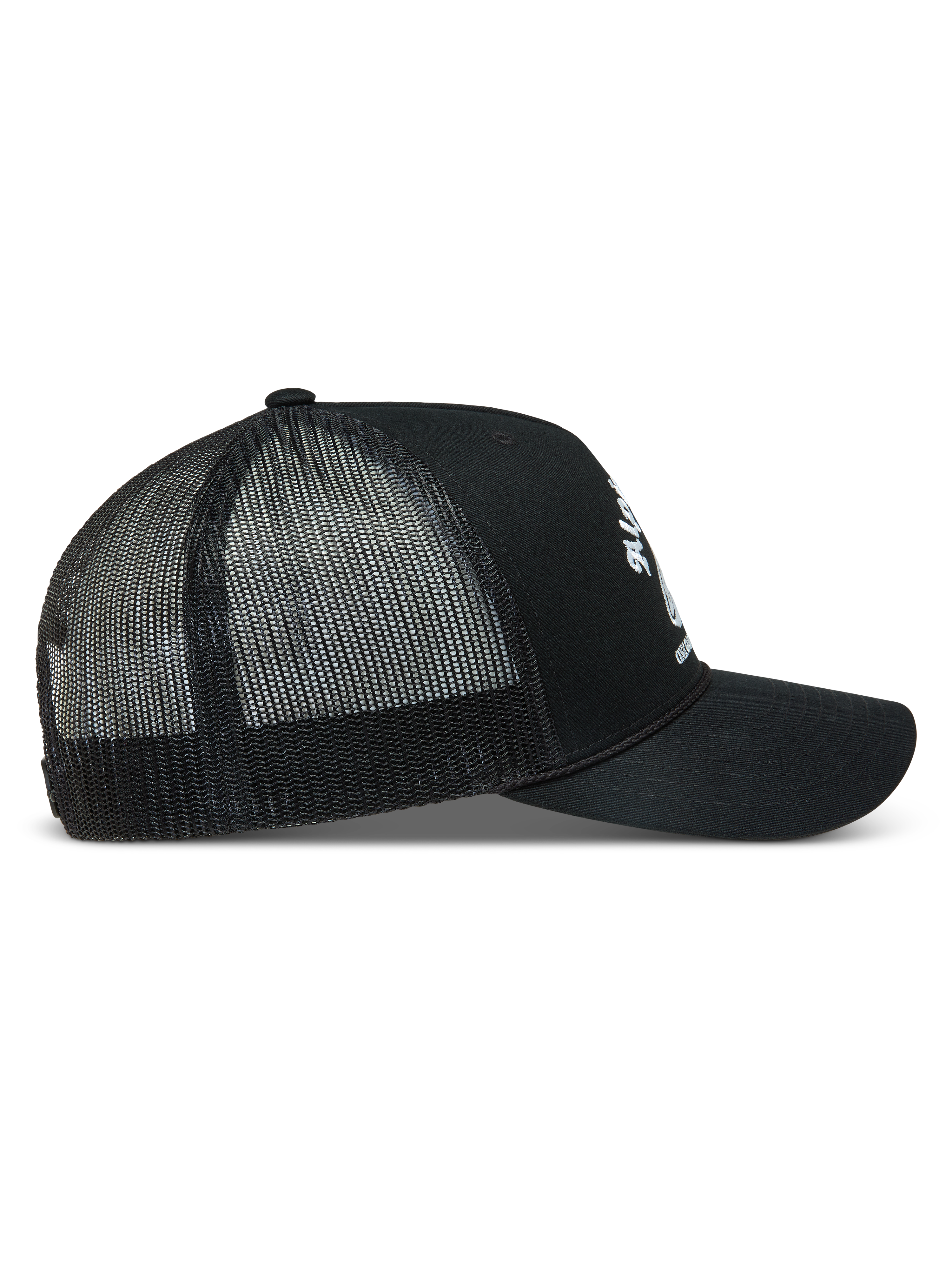 Alpinestars Baron Trucker, casquette trucker noire, vue de profil avec logo blanc, visière courbée et maille en polyester.