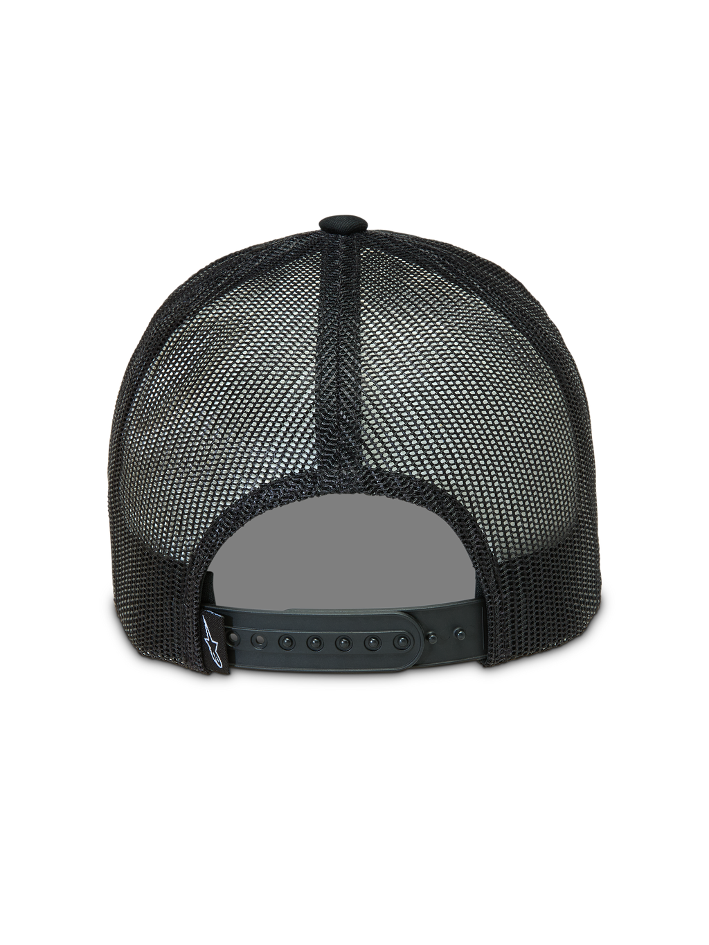 Alpinestars Baron Trucker, casquette trucker noire, vue de dos avec maille respirante et fermeture snapback réglable