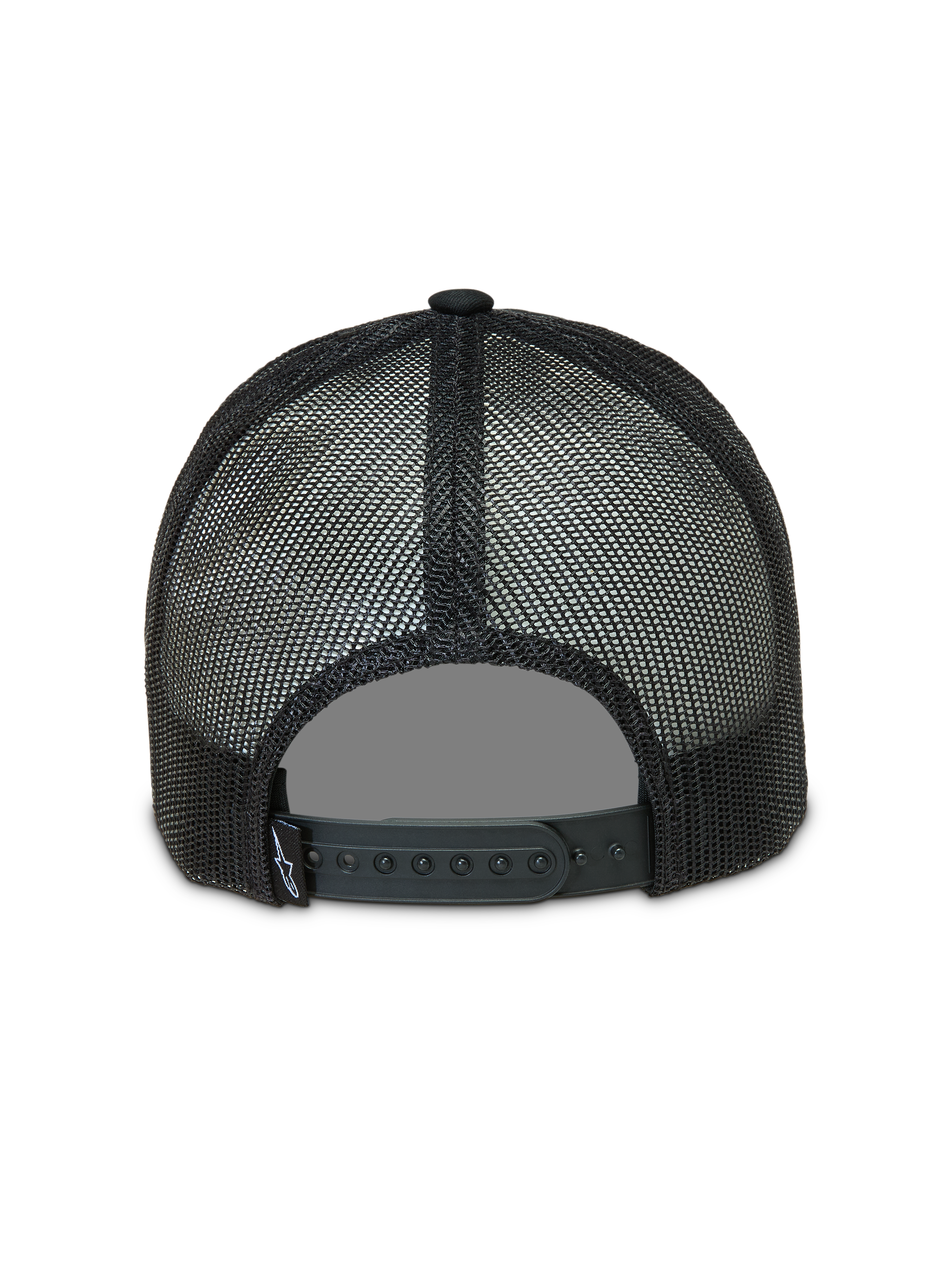 Alpinestars Baron Trucker, casquette trucker noire, vue de dos avec maille respirante et fermeture snapback réglable