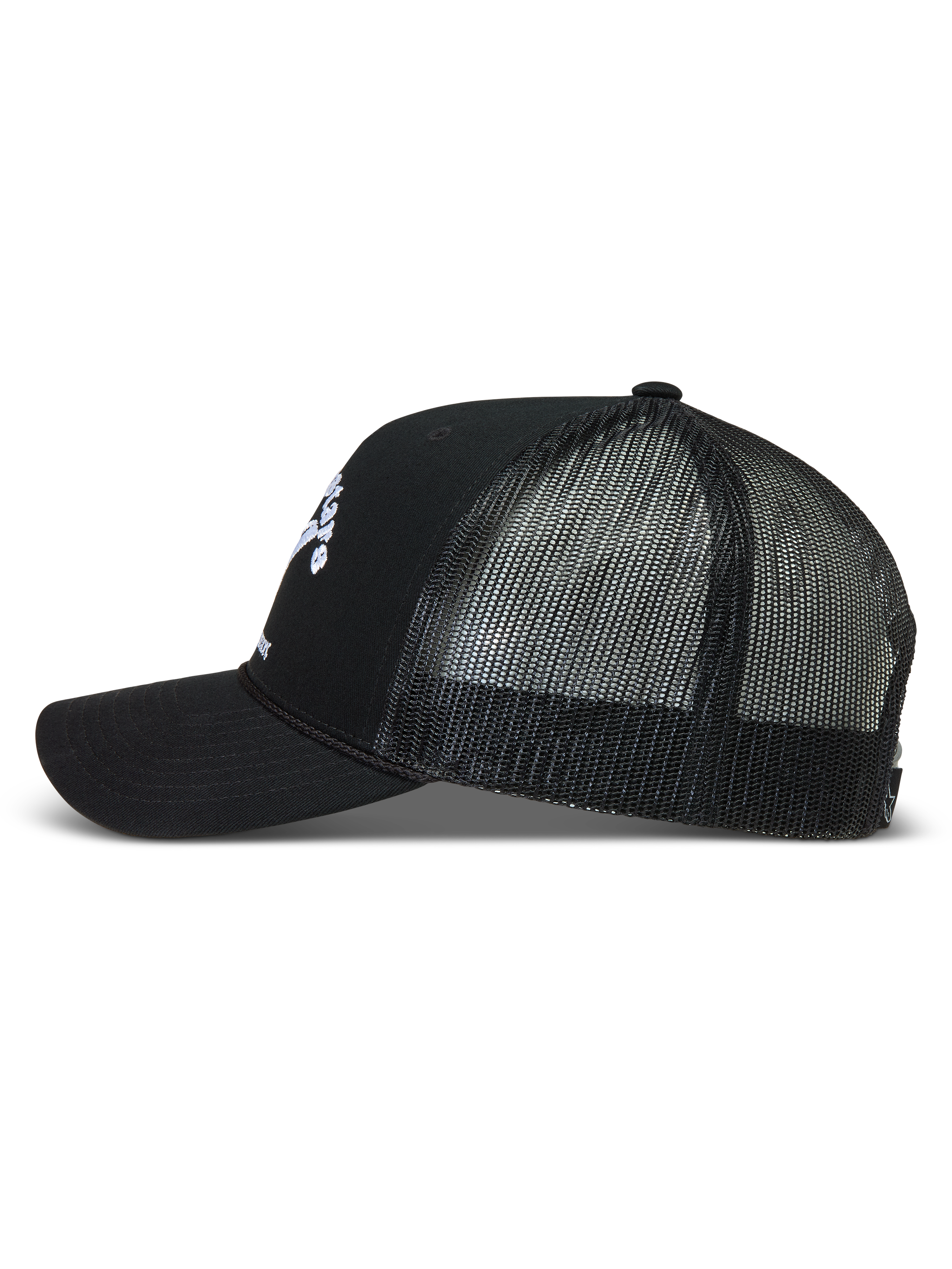 Alpinestars Baron Trucker, casquette trucker noire, visière courbée et maille respirante, style sportswear.
