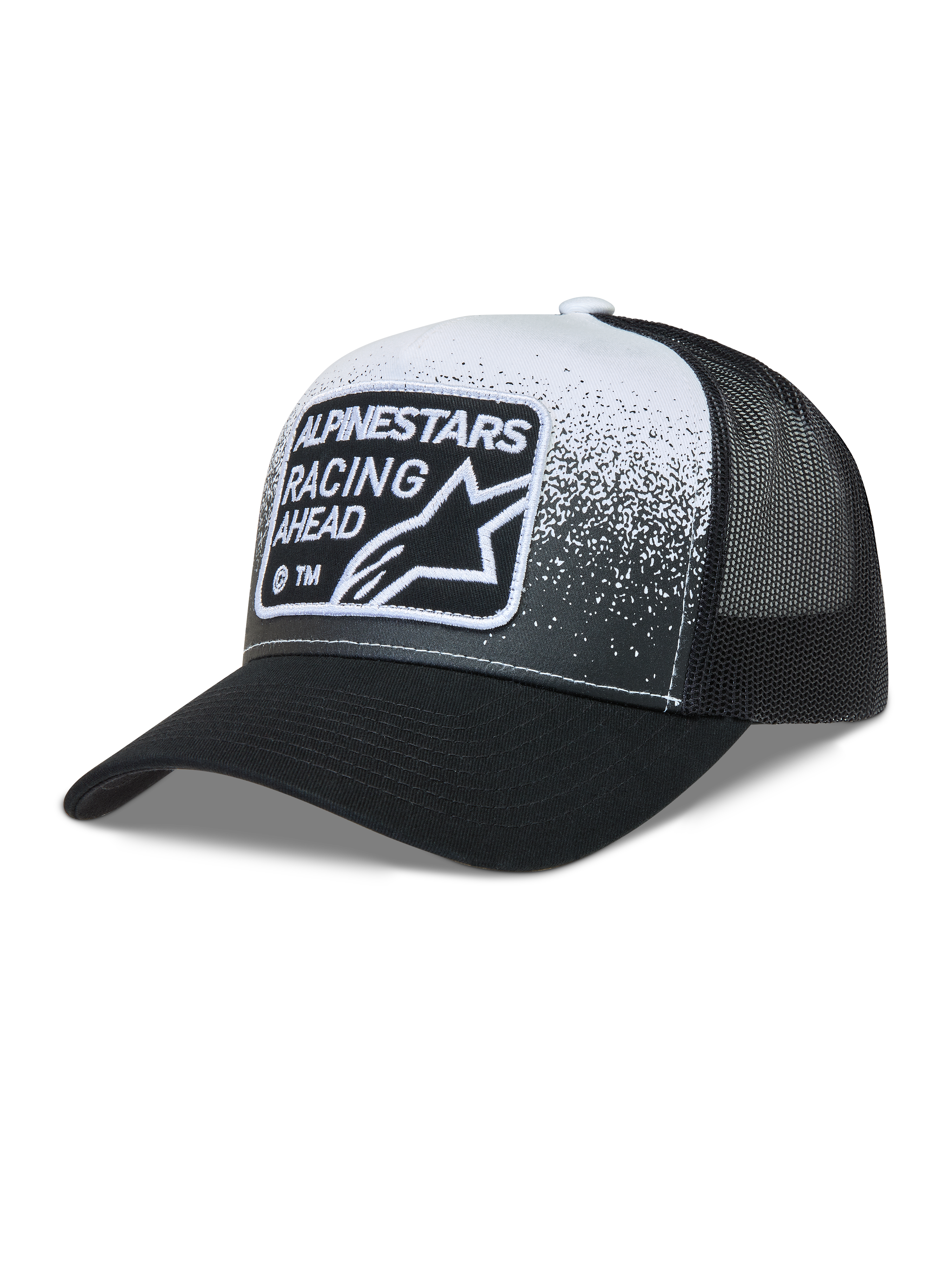 Alpinestars Gravel Trucker Hat, black and white mesh cap with a curved bill and Alpinestars Racing Ahead woven patch.