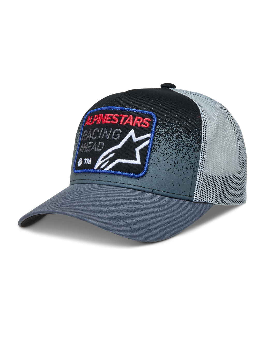Alpinestars Gravel Trucker Hat in Dark Gray and Black, with a curved bill, mesh back, and a race-inspired woven patch.