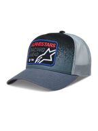Alpinestars Gravel Trucker Hat in Dark Gray and Black, with a curved bill, mesh back, and a race-inspired woven patch.