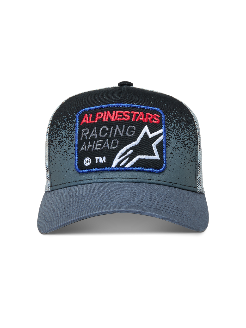 Alpinestars Gravel Trucker Hat, dark gray and black sportswear cap with a mesh back, curved bill, and racing woven patch.