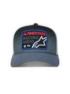 Alpinestars Gravel Trucker Hat, dark gray and black sportswear cap with a mesh back, curved bill, and racing woven patch.