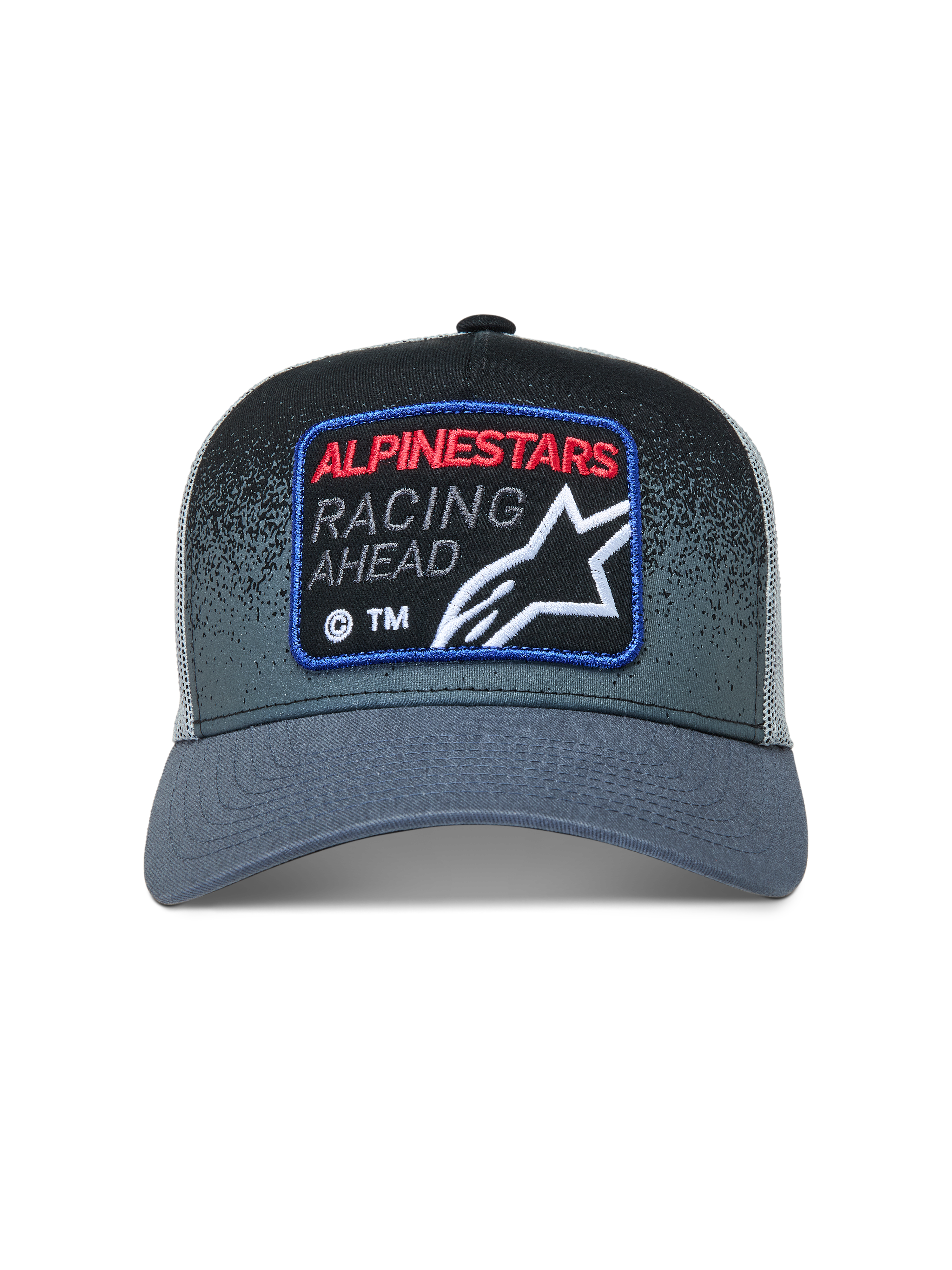 Alpinestars Gravel Trucker Hat, dark gray and black sportswear cap with a mesh back, curved bill, and racing woven patch.