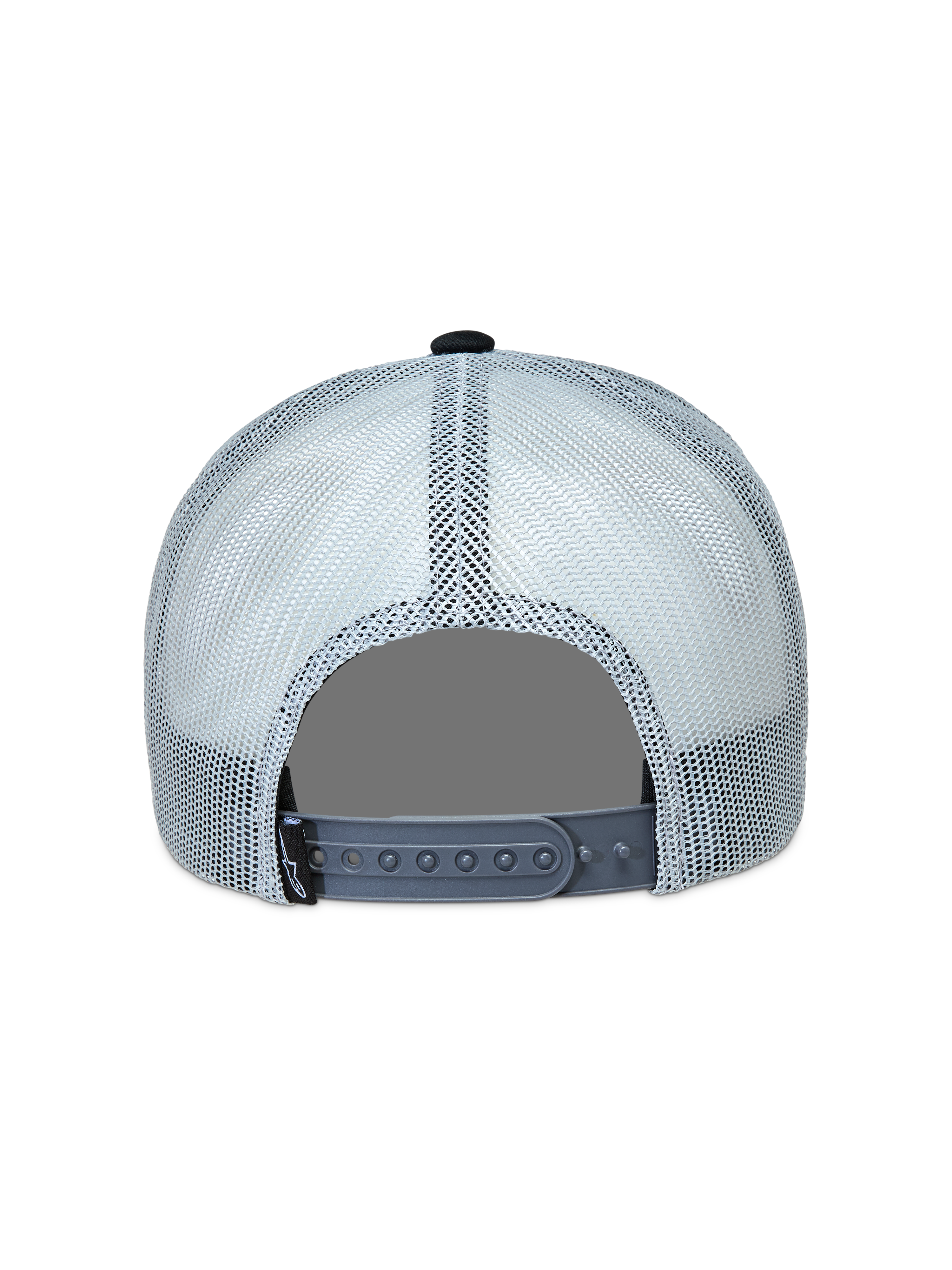 Alpinestars Gravel Trucker Hat, Gray and Black, back view featuring breathable mesh and adjustable snapback.