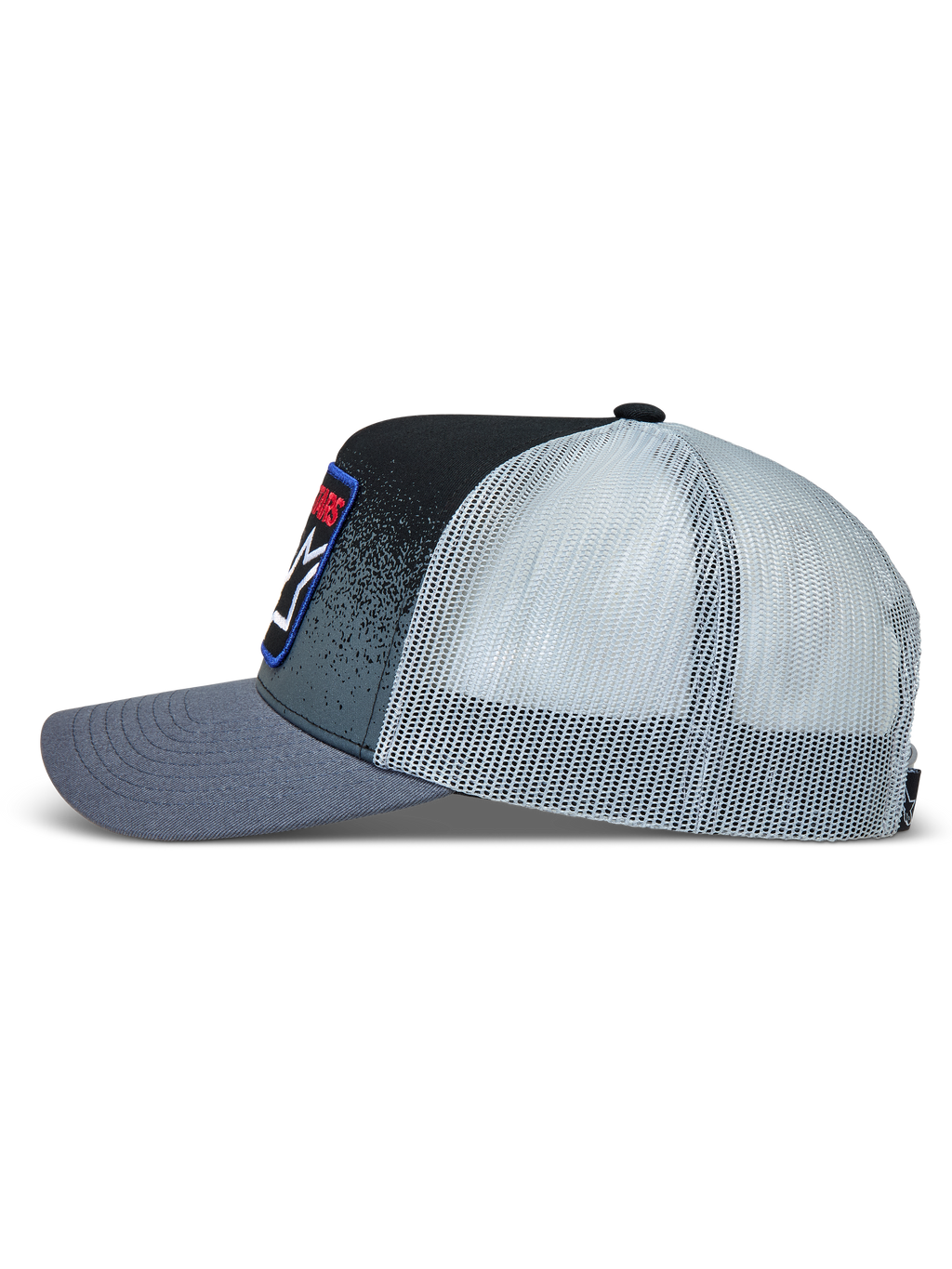 Alpinestars Gravel Trucker Hat, Sportswear Mesh Cap, Dark Gray and Black, Twill Front with Gravel Texture Print.