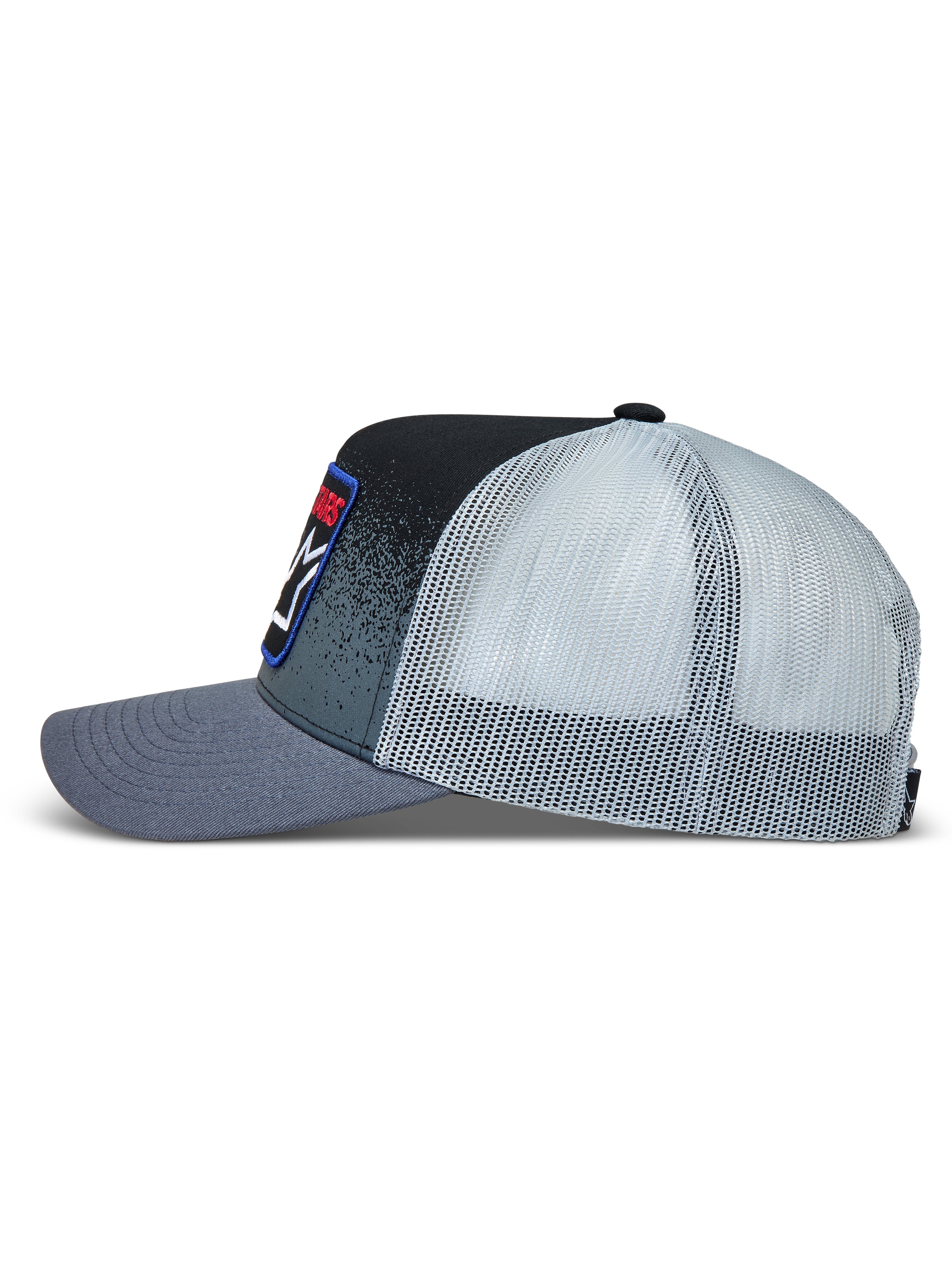 Alpinestars Gravel Trucker Hat, Sportswear Mesh Cap, Dark Gray and Black, Twill Front with Gravel Texture Print.