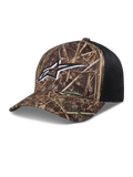 Alpinestars Thicket Realtree trucker pet, camouflage en zwart, met geborduurd Astars-logo en ademende mesh-achterkant.