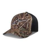 Alpinestars Thicket Realtree trucker pet, camouflage en zwart, met geborduurd Astars-logo en ademende mesh-achterkant.