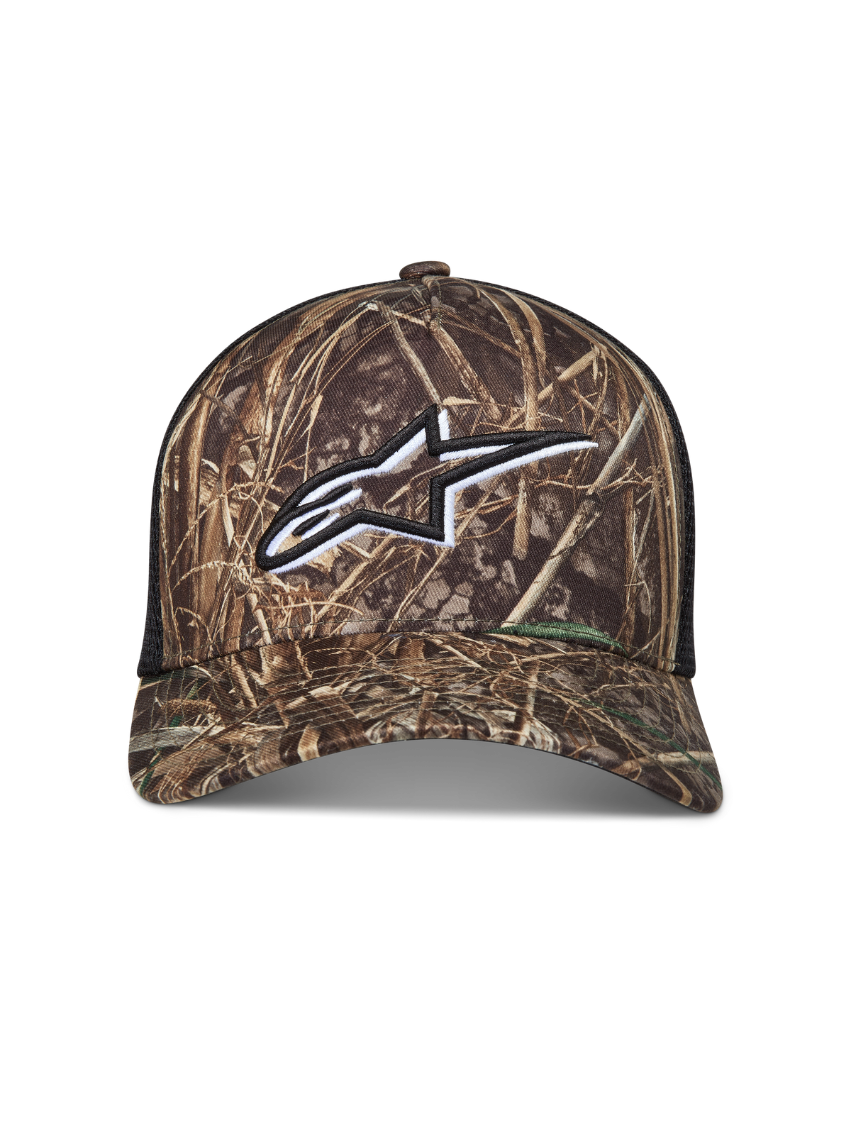 Alpinestars Thicket Realtree trucker pet, camo en zwart met wit geborduurd Astars-logo, mesh achterzijde en gebogen klep.