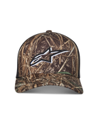 Alpinestars Thicket Realtree trucker pet, camo en zwart met wit geborduurd Astars-logo, mesh achterzijde en gebogen klep.