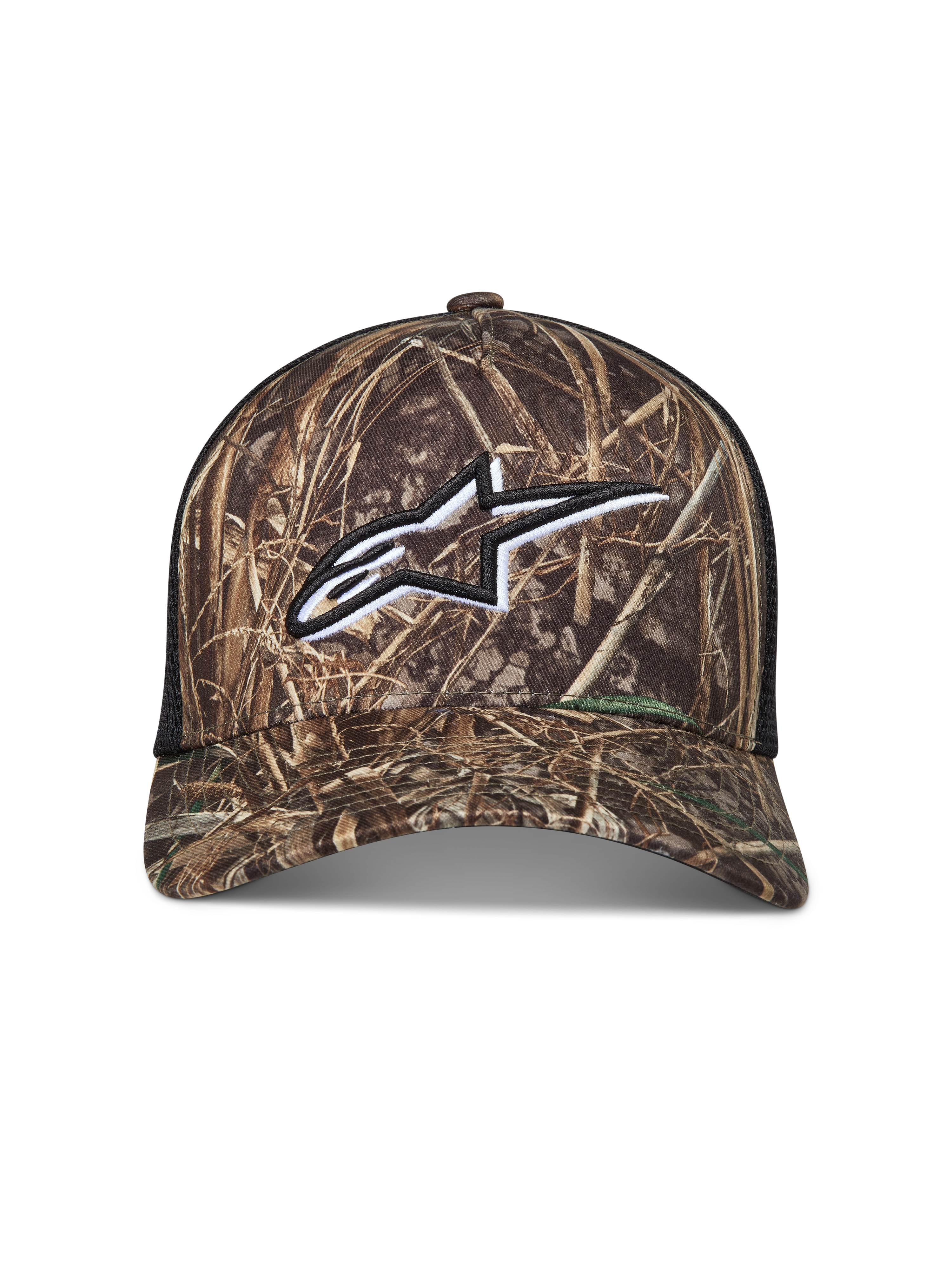 Alpinestars Thicket Realtree trucker pet, camo en zwart met wit geborduurd Astars-logo, mesh achterzijde en gebogen klep.