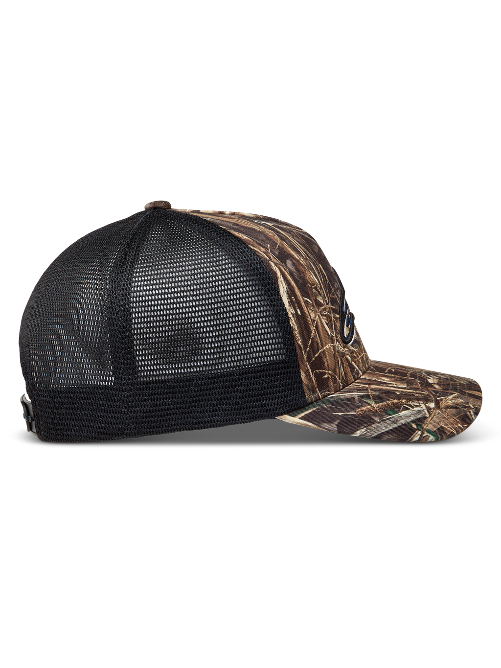 Alpinestars Thicket Realtree Trucker pet, camo en zwart, zijaanzicht met gebogen klep en ademende mesh achterkant.