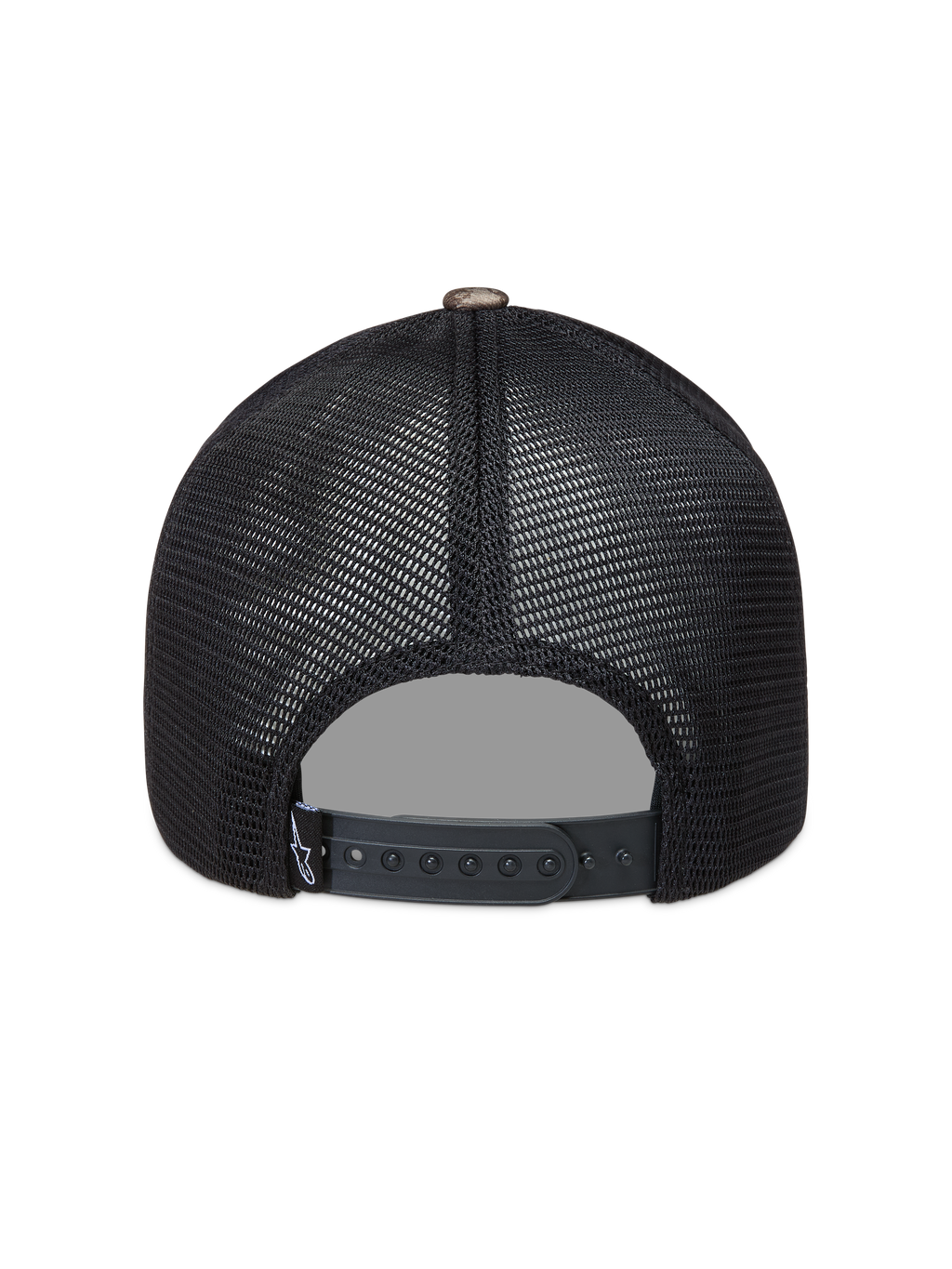Alpinestars Thicket Realtree Trucker pet, zwarte mesh pet met verstelbare snapback-sluiting, achteraanzicht.