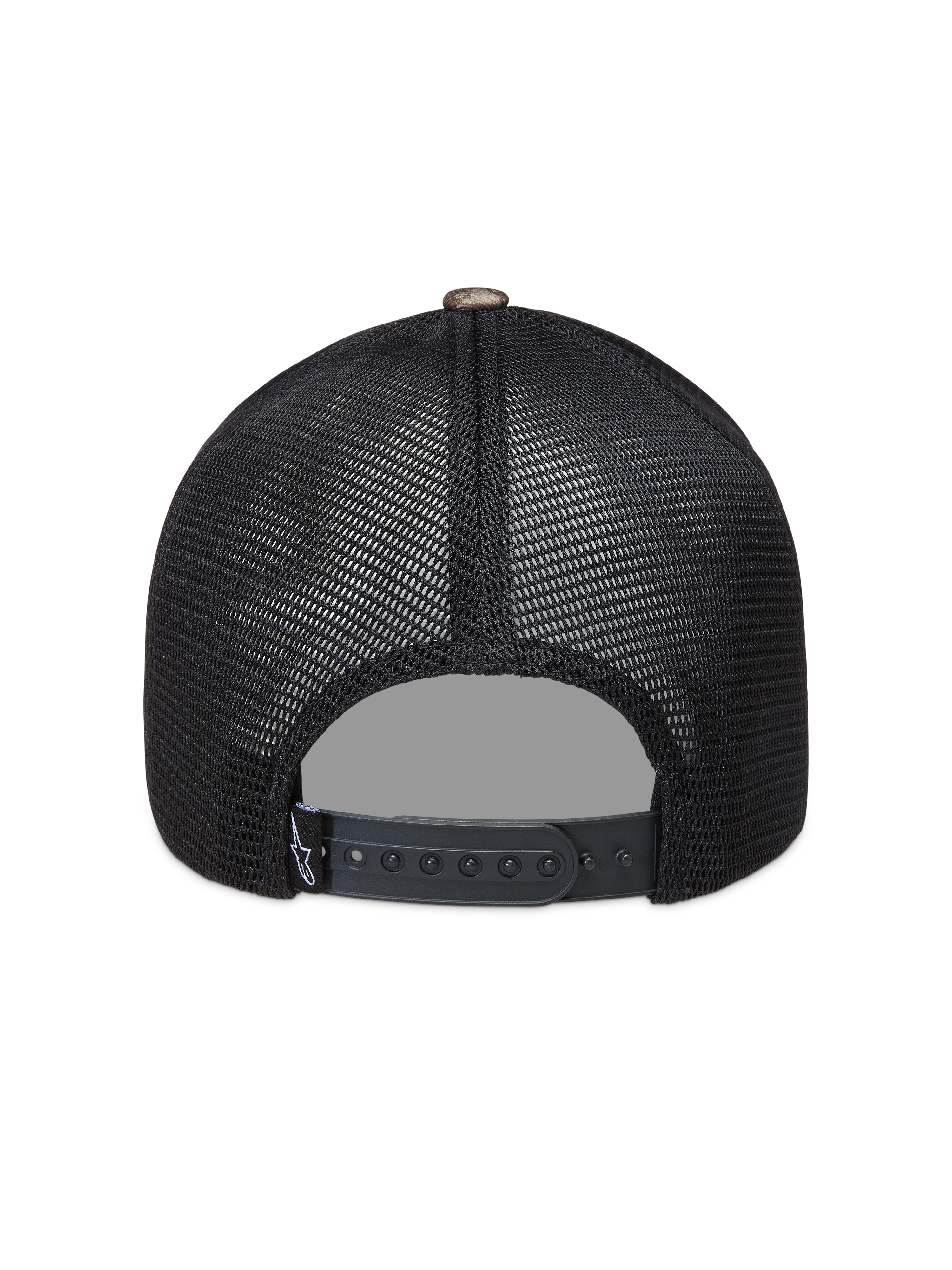 Alpinestars Thicket Realtree Trucker pet, zwarte mesh pet met verstelbare snapback-sluiting, achteraanzicht.
