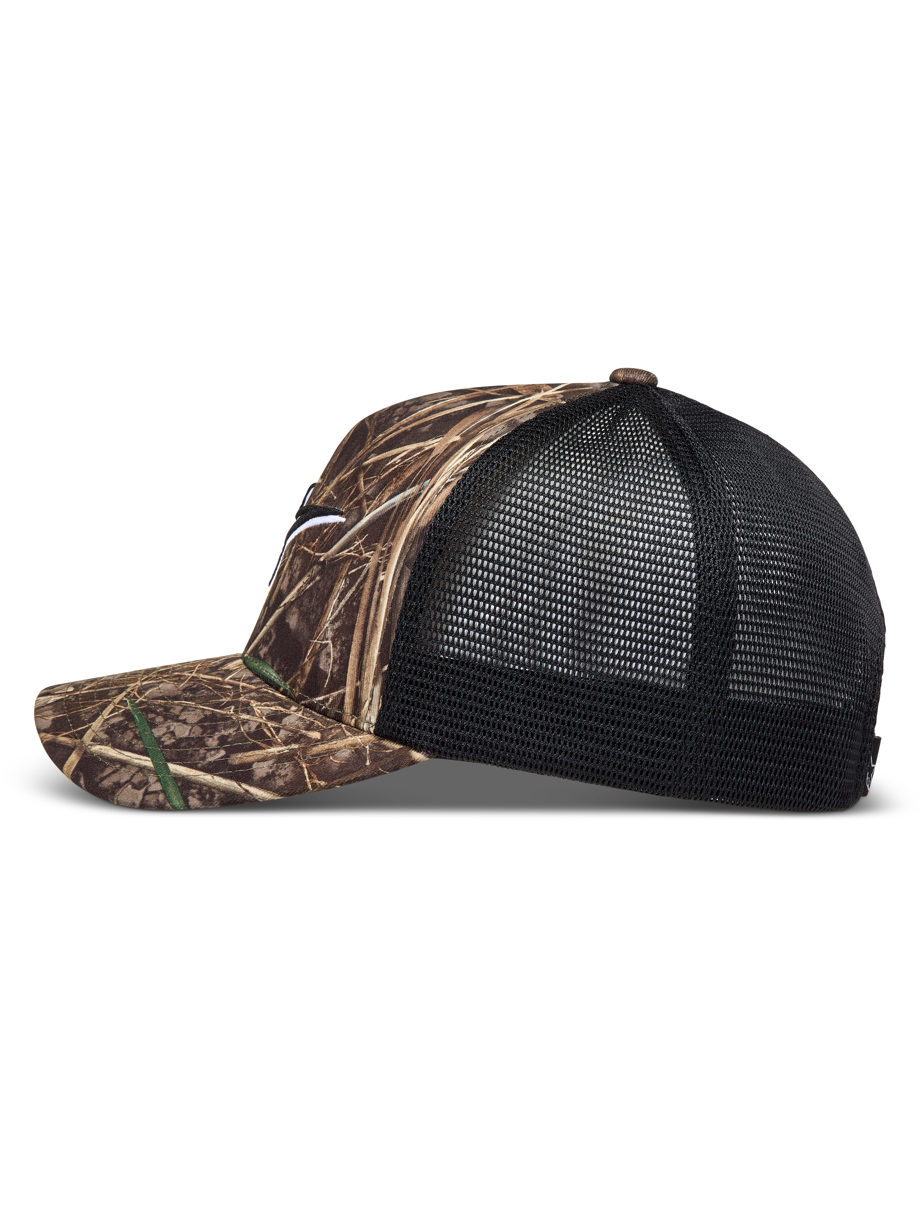 Alpinestars Thicket Realtree Trucker pet, camo en zwart, met een gebogen klep en gestructureerde mesh achterkant, sportswear.