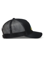 Alpinestars Meteorite Trucker Hat, black sportswear cap with breathable mesh back, curved bill, and snapback closure.