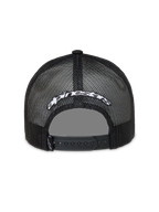 Alpinestars Meteorite Trucker Hat, Black mesh sportswear cap featuring a white embroidered logo and adjustable snapback closure.