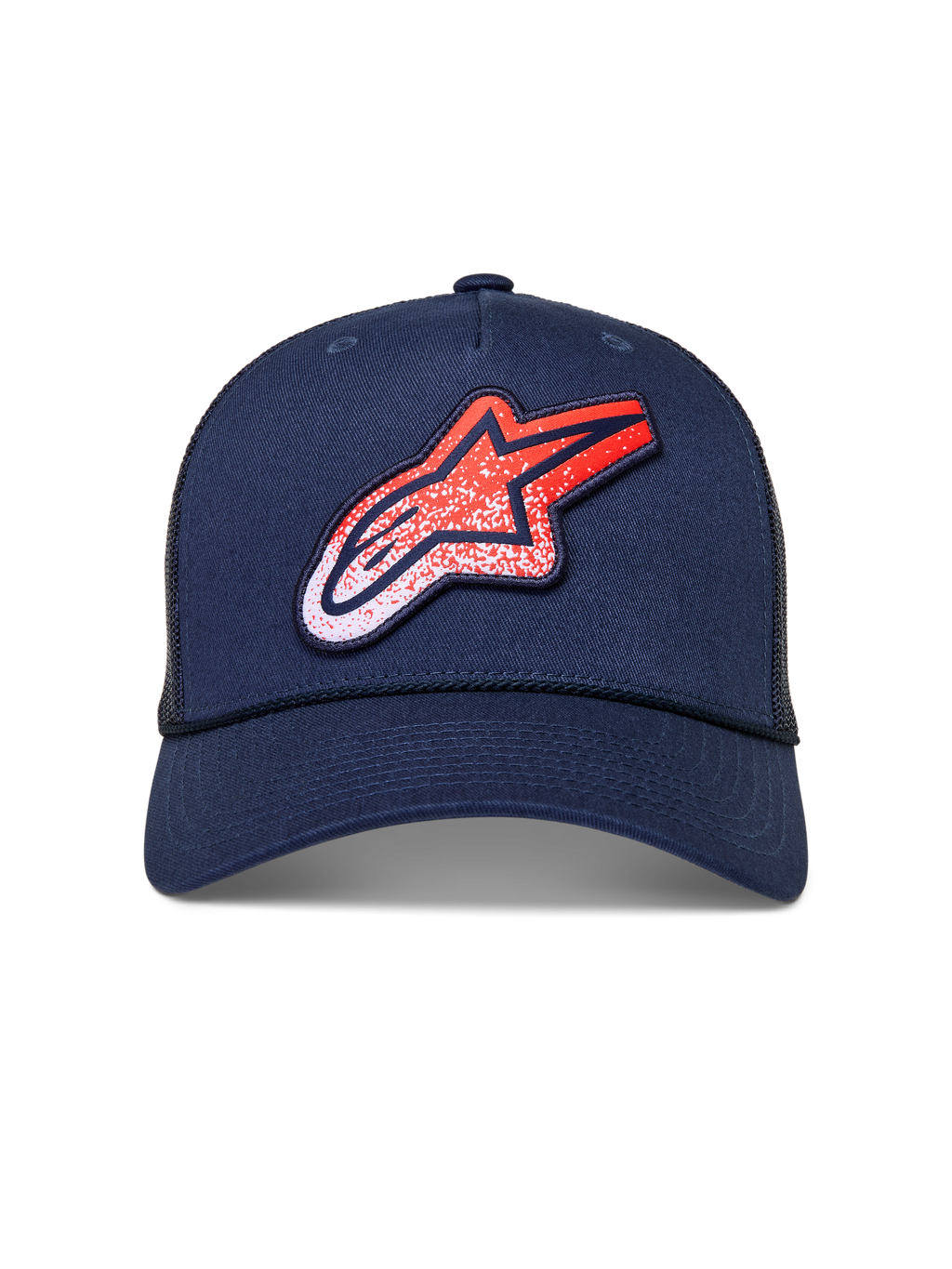 Alpinestars Meteorite Trucker, casquette trucker bleu marine avec visière incurvée et logo Astars rouge et blanc à texture gravier