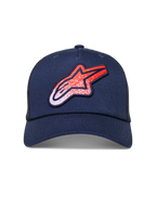 Alpinestars Meteorite Trucker, casquette trucker bleu marine avec visière incurvée et logo Astars rouge et blanc à texture gravier