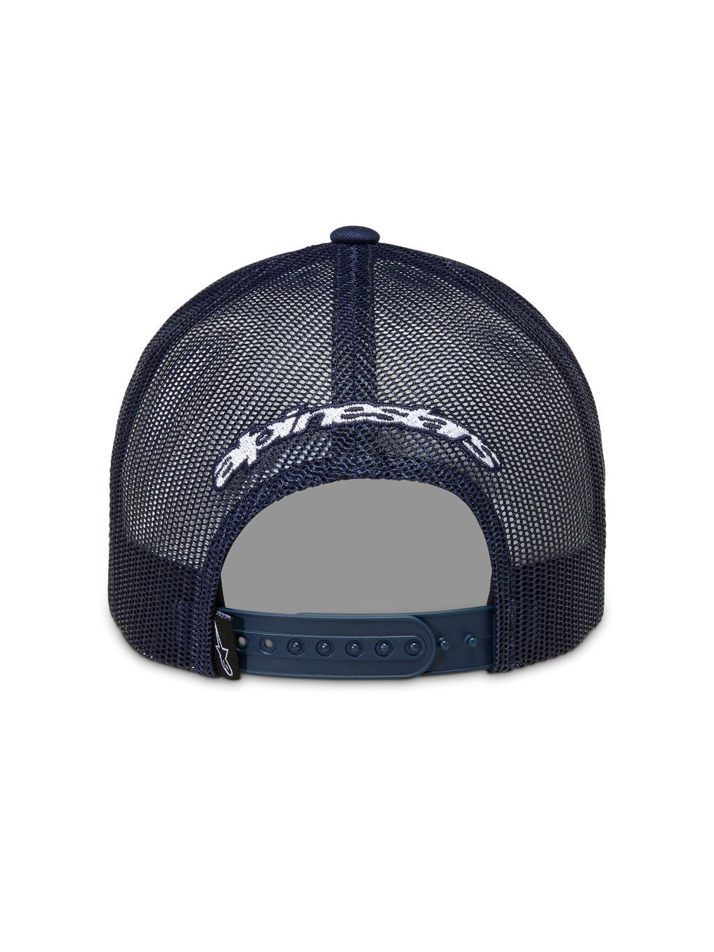 Alpinestars Meteorite Trucker, casquette trucker bleu marine et blanche, vue de dos avec arrière en maille, fermeture à pression et logo Astars brodé.