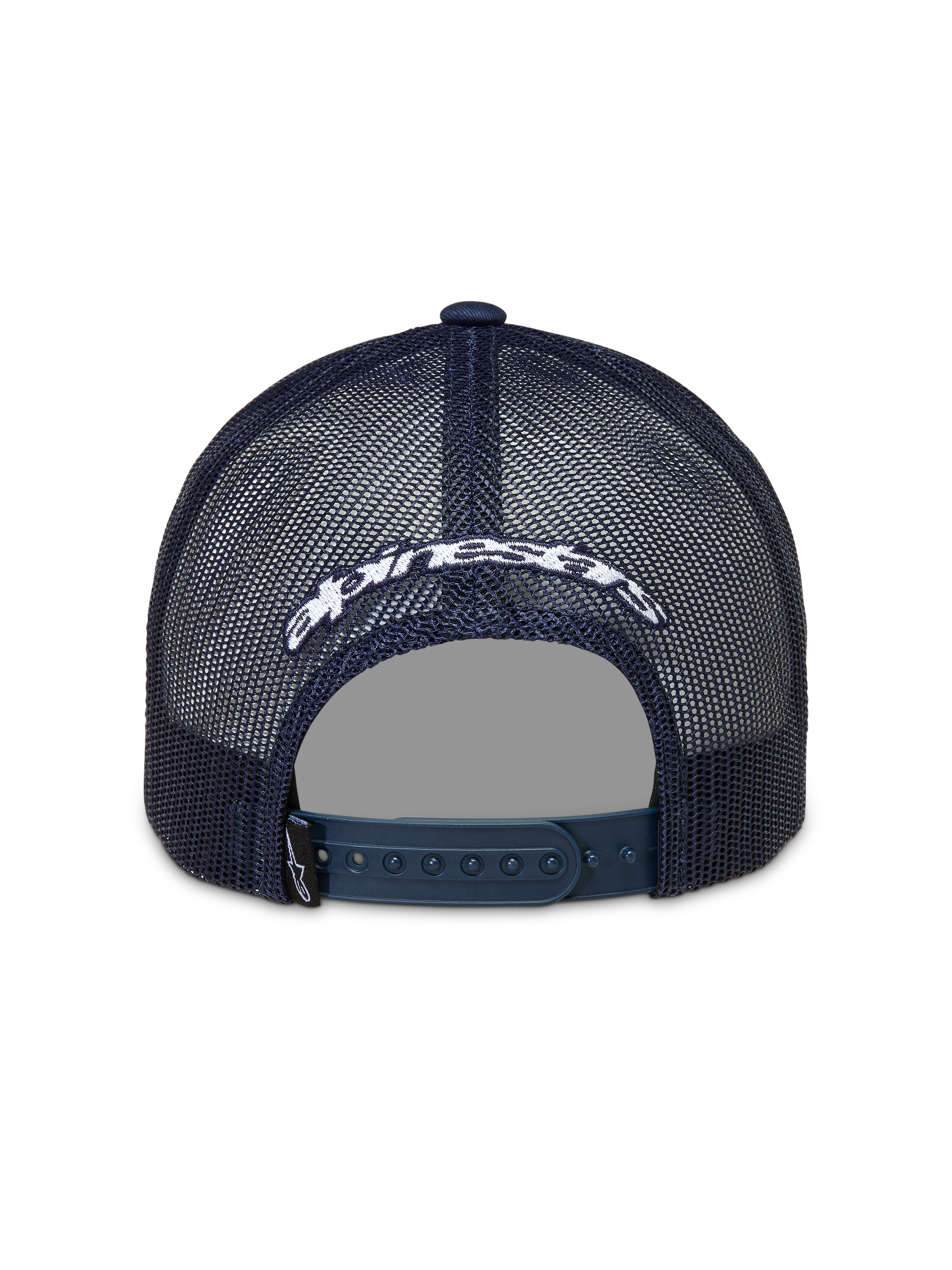 Alpinestars Meteorite Trucker, casquette trucker bleu marine et blanche, vue de dos avec arrière en maille, fermeture à pression et logo Astars brodé.