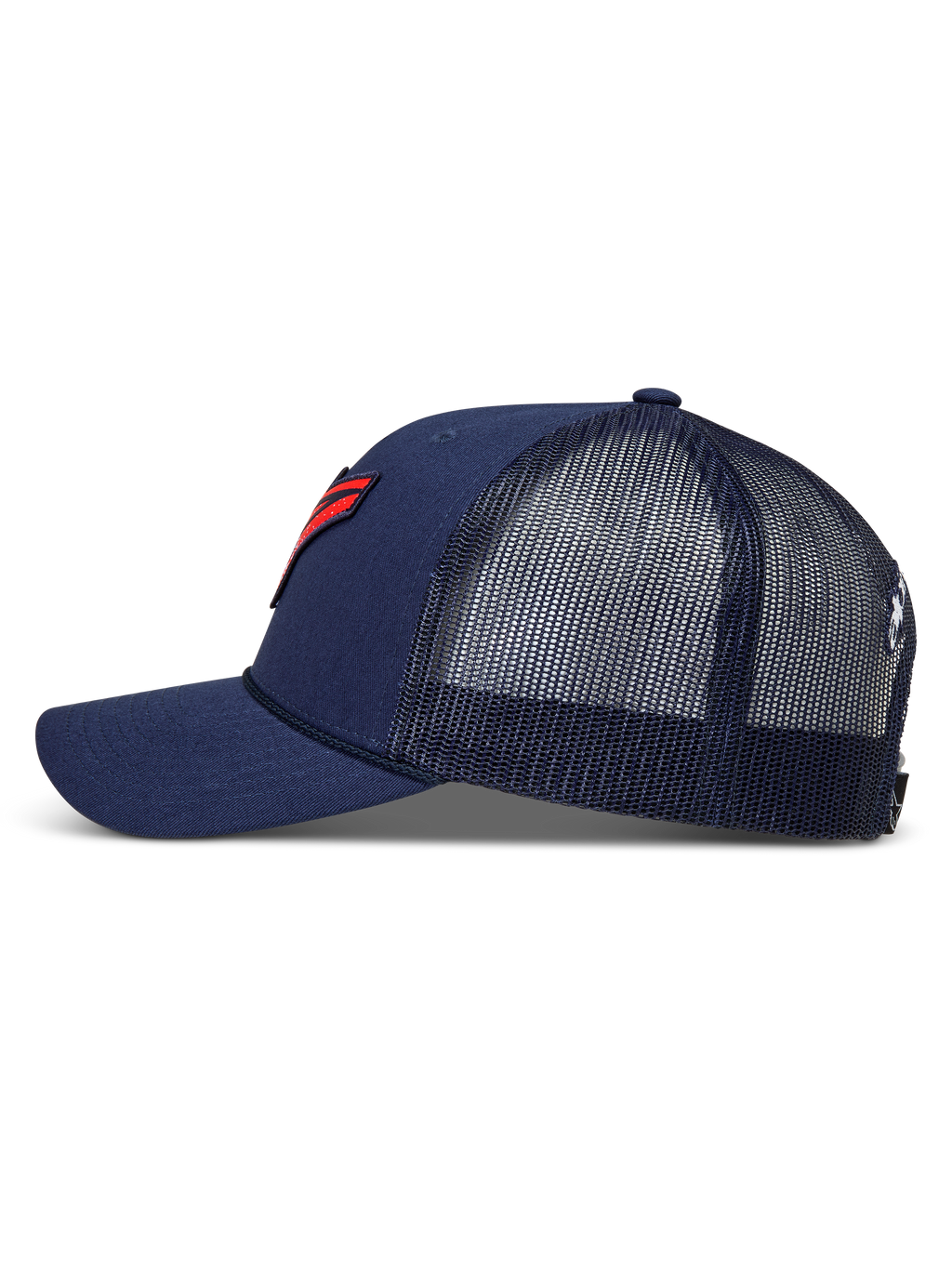 Alpinestars Meteorite Trucker, casquette de sportswear bleu marine, vue de profil avec maille à l'arrière, visière incurvée et écusson logo rouge