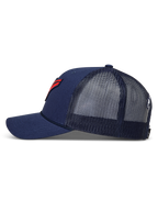 Alpinestars Meteorite Trucker, casquette de sportswear bleu marine, vue de profil avec maille à l'arrière, visière incurvée et écusson logo rouge