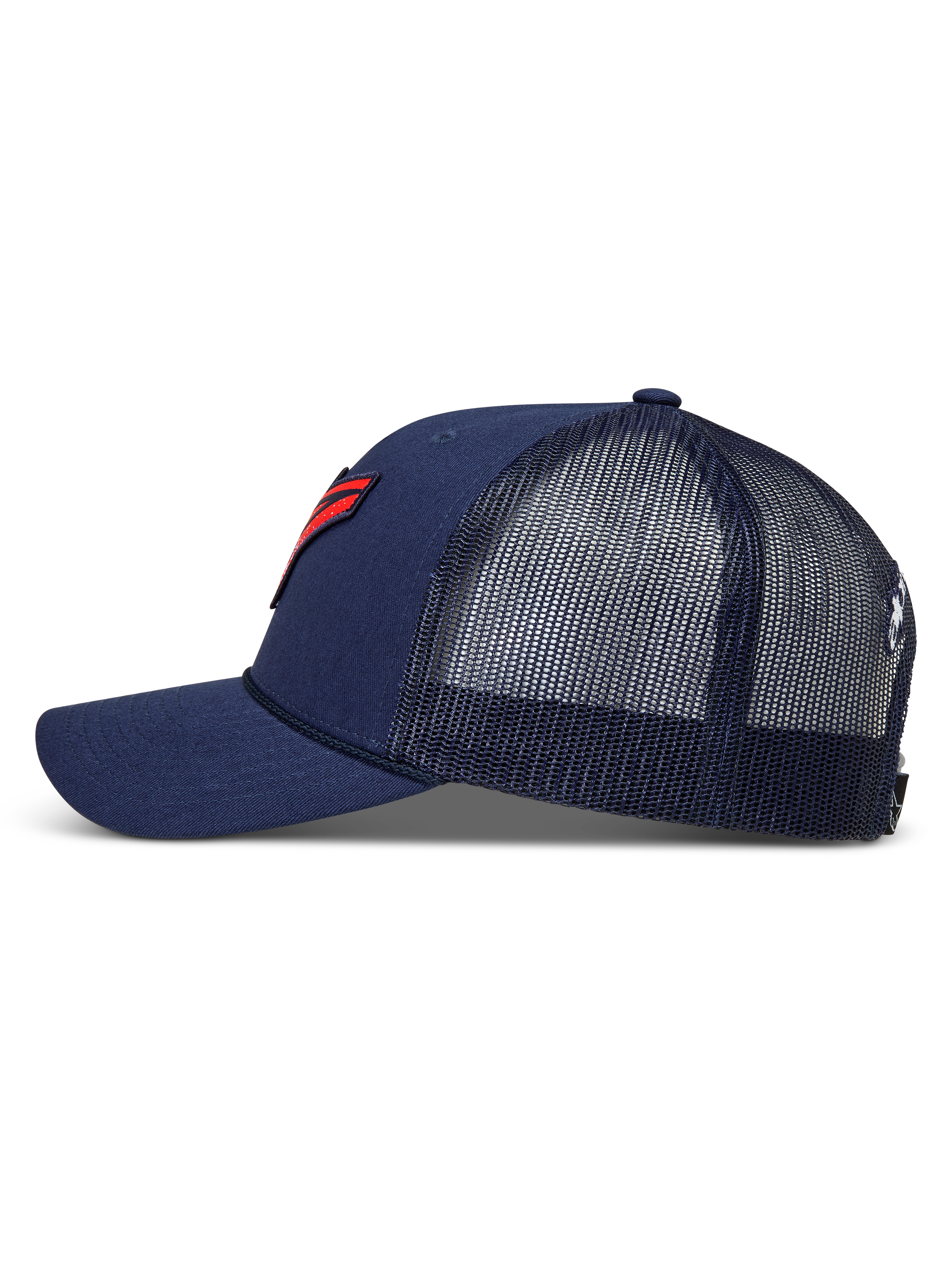 Alpinestars Meteorite Trucker, casquette de sportswear bleu marine, vue de profil avec maille à l'arrière, visière incurvée et écusson logo rouge