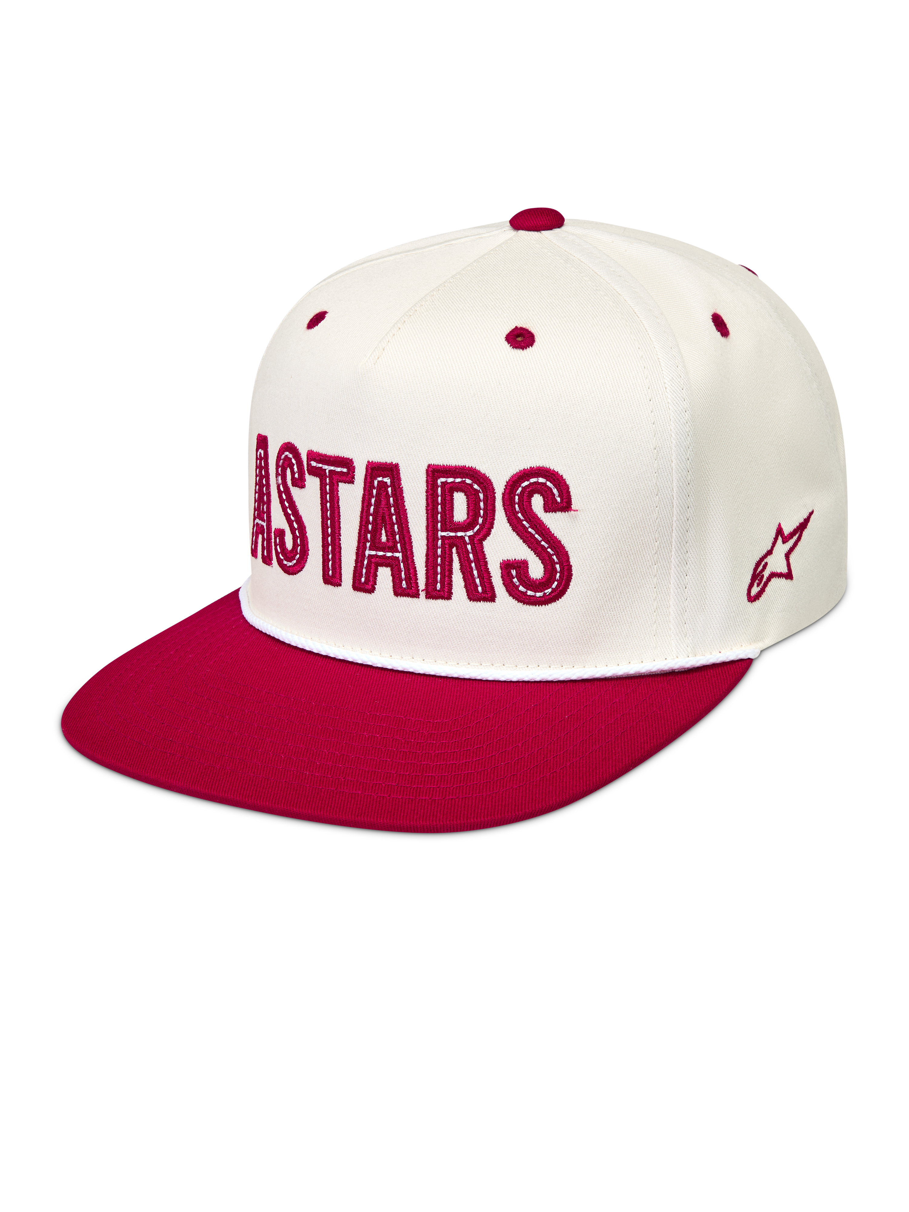 Alpinestars Stadium Snapback, casquette sportswear à visière plate, blanc cassé et rouge avec logo Astars appliqué à l'avant