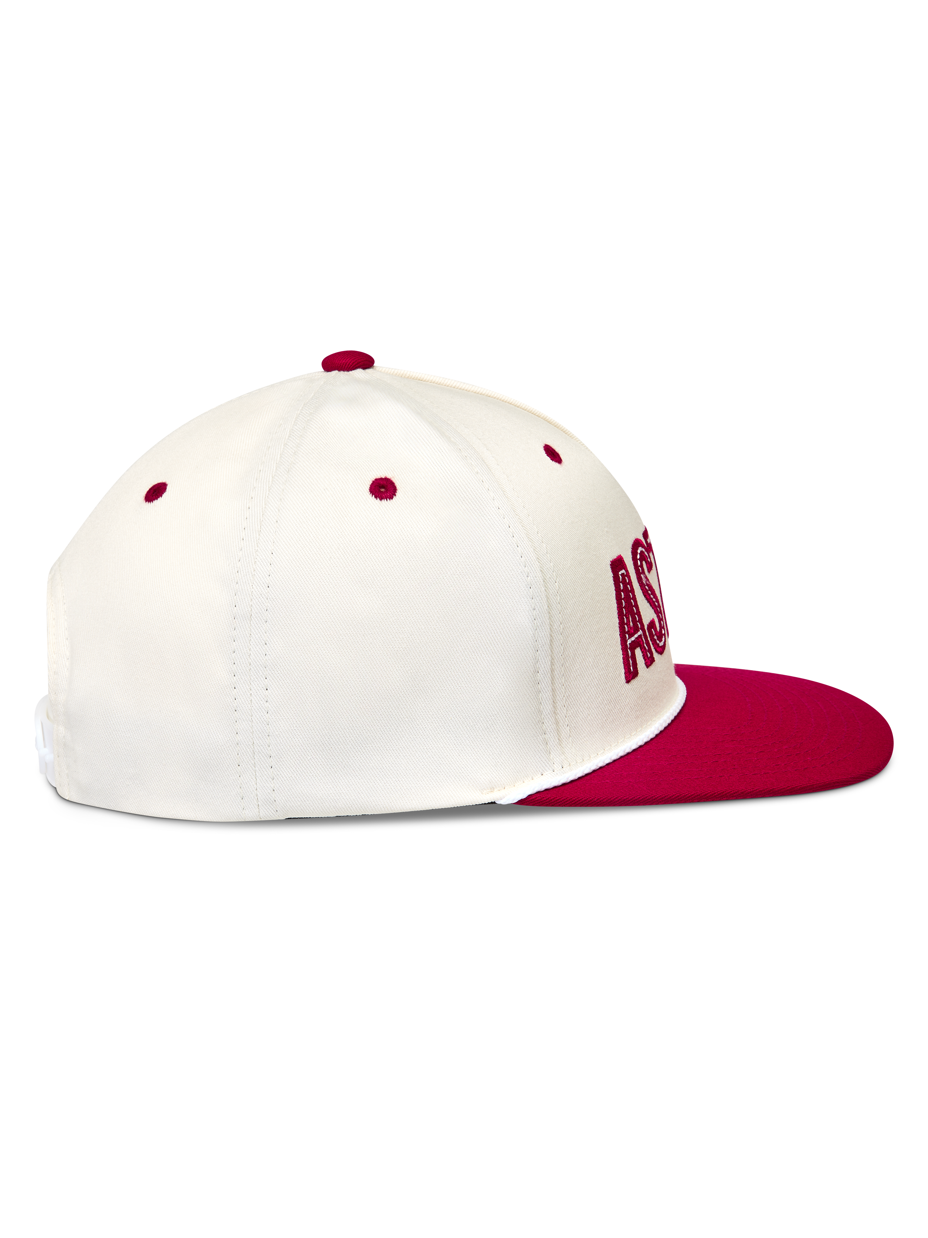 Alpinestars Stadium Snapback, casquette blanc cassé et rouge en sergé, vue de profil avec visière plate et couronne structurée