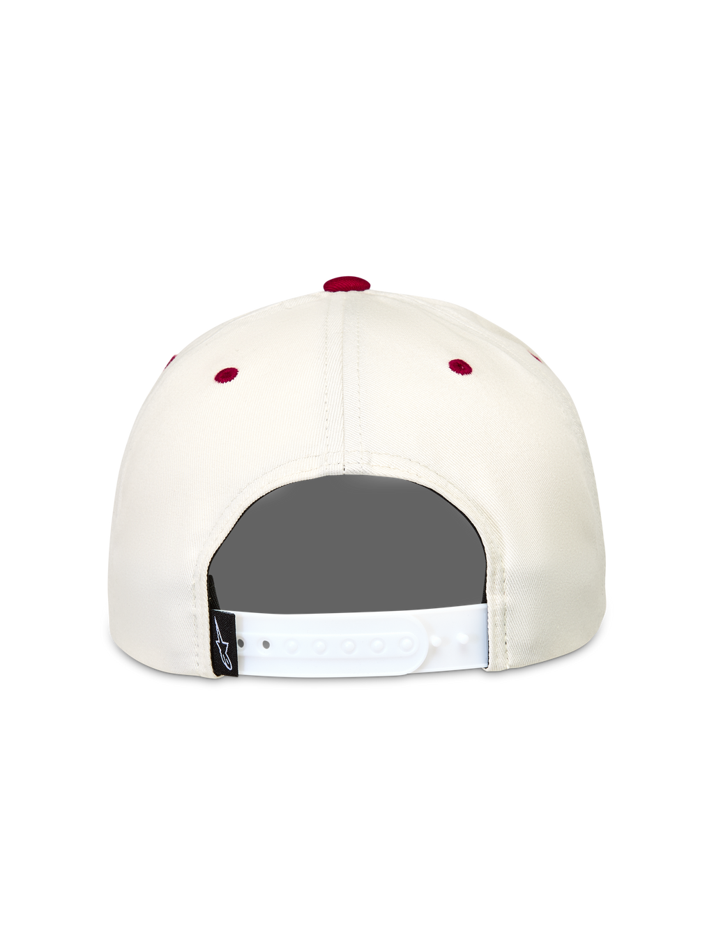 Alpinestars Stadium Snapback Casquette, casquette de sportswear blanc cassé et rouge, vue arrière montrant la fermeture réglable blanche et des œillets rouges.