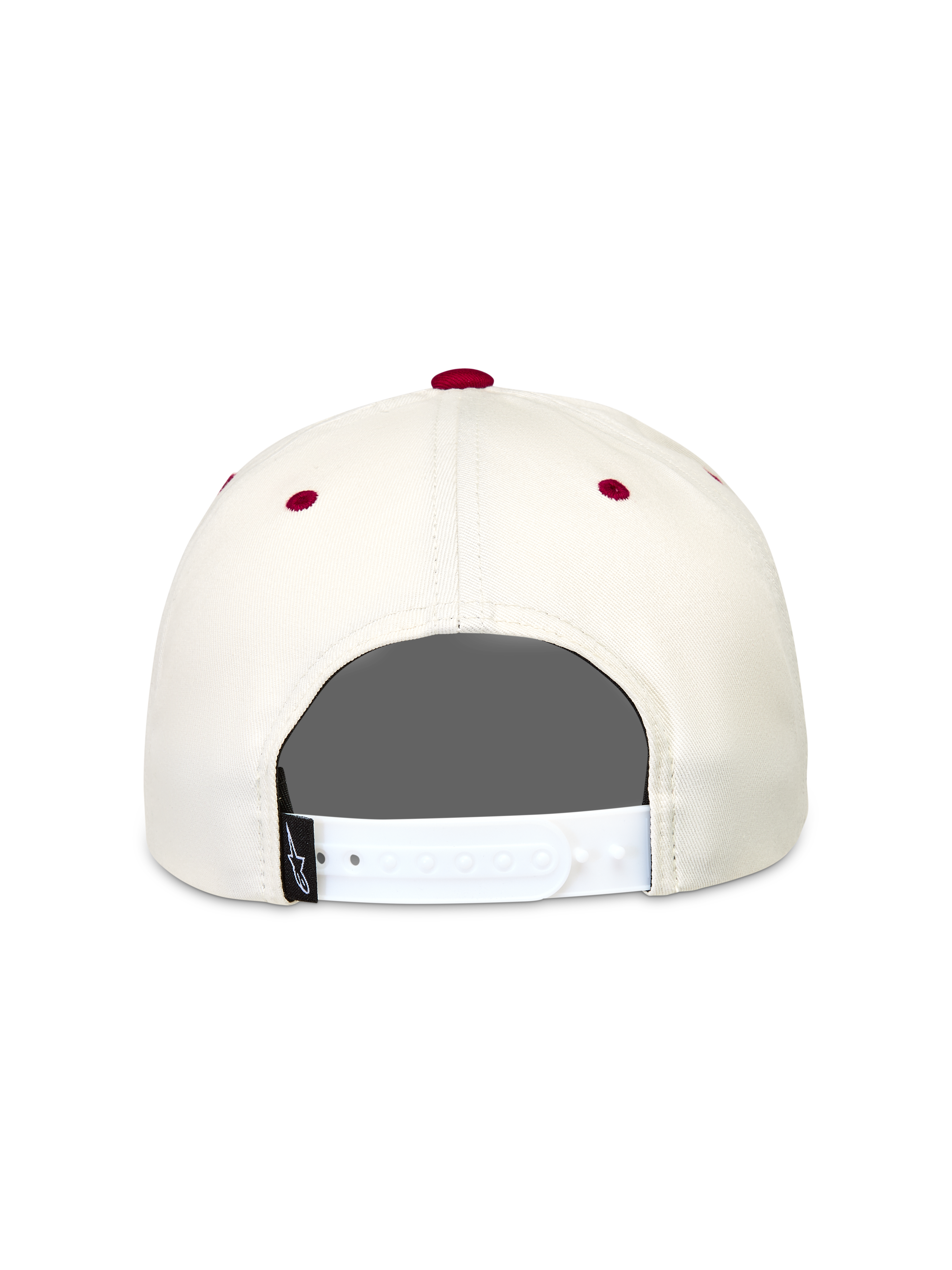 Alpinestars Stadium Snapback Casquette, casquette de sportswear blanc cassé et rouge, vue arrière montrant la fermeture réglable blanche et des œillets rouges.