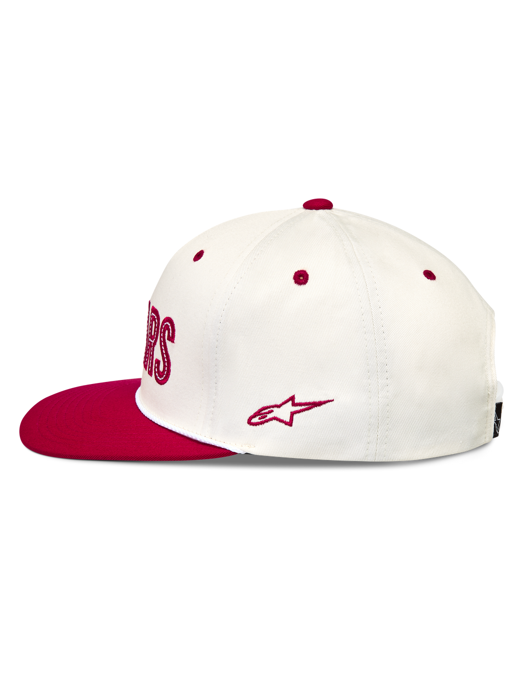Alpinestars Stadium Snapback, casquette sportswear blanc cassé et rouge, visière plate avec logo Astars brodé sur le côté.