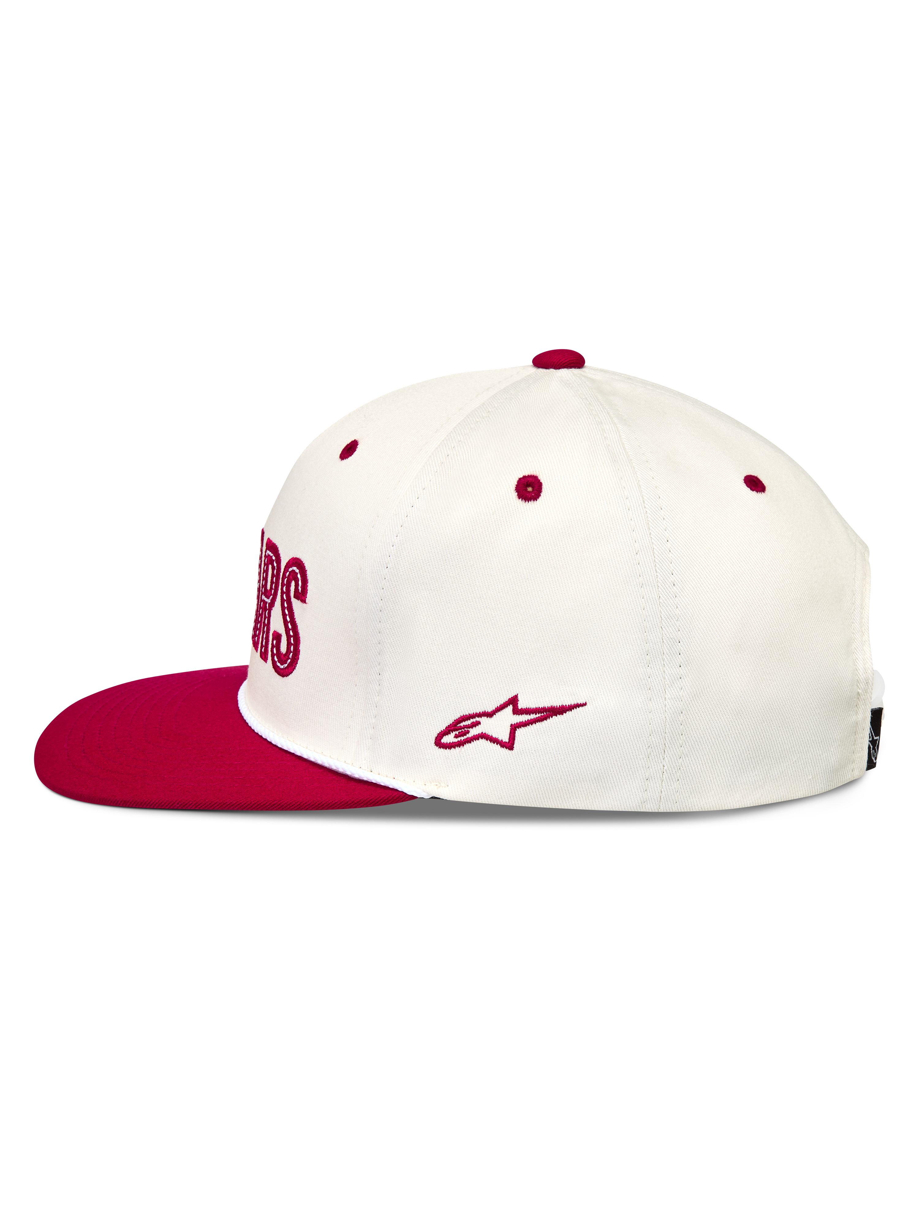 Alpinestars Stadium Snapback, casquette sportswear blanc cassé et rouge, visière plate avec logo Astars brodé sur le côté.