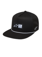 Alpinestars Label Snapback, casquette sportswear noire et blanche à visière plate, écusson tissé et cordon.