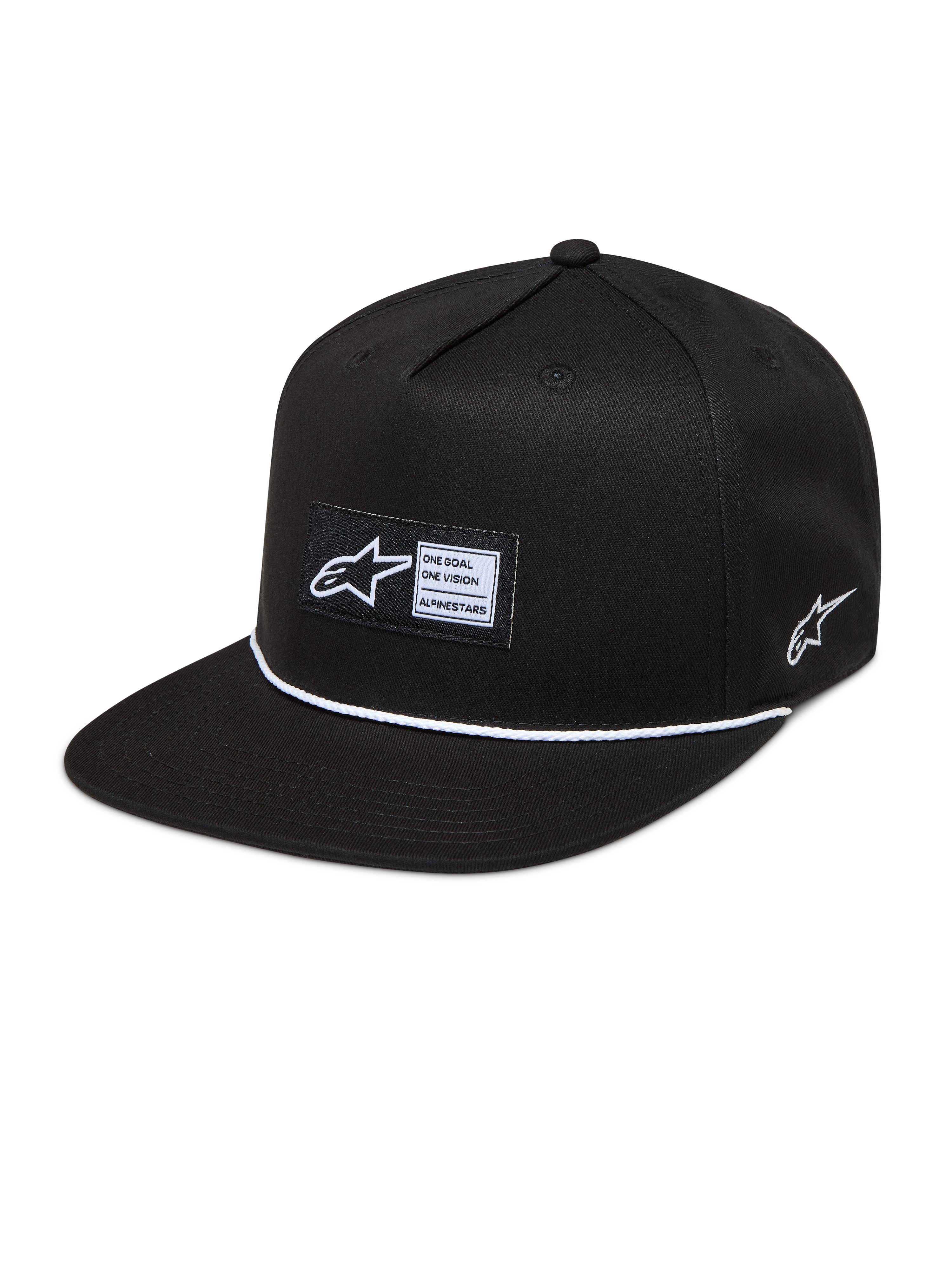 Alpinestars Label Snapback, casquette sportswear noire et blanche à visière plate, écusson tissé et cordon.