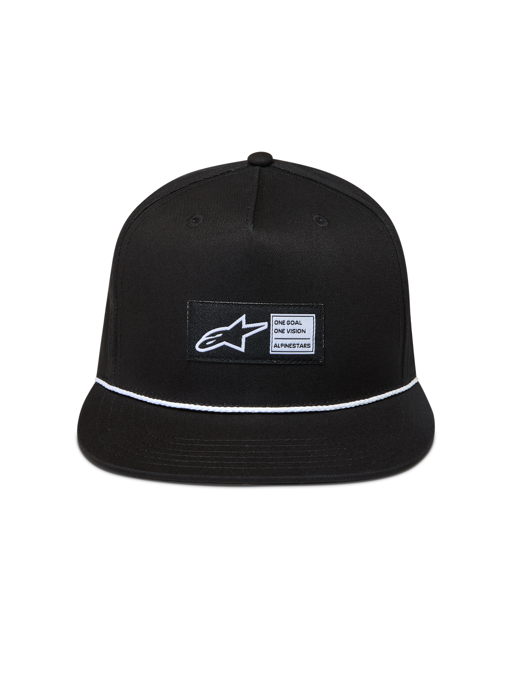 Alpinestars Label Snapback, casquette de sportswear noire en sergé avec visière plate, cordelette tressée blanche et logo Astars tissé