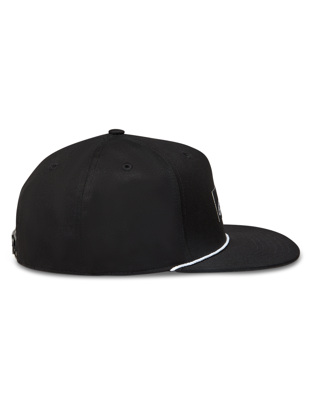 Alpinestars Label Snapback, casquette sportswear noire avec visière plate et cordon blanc, vue de profil