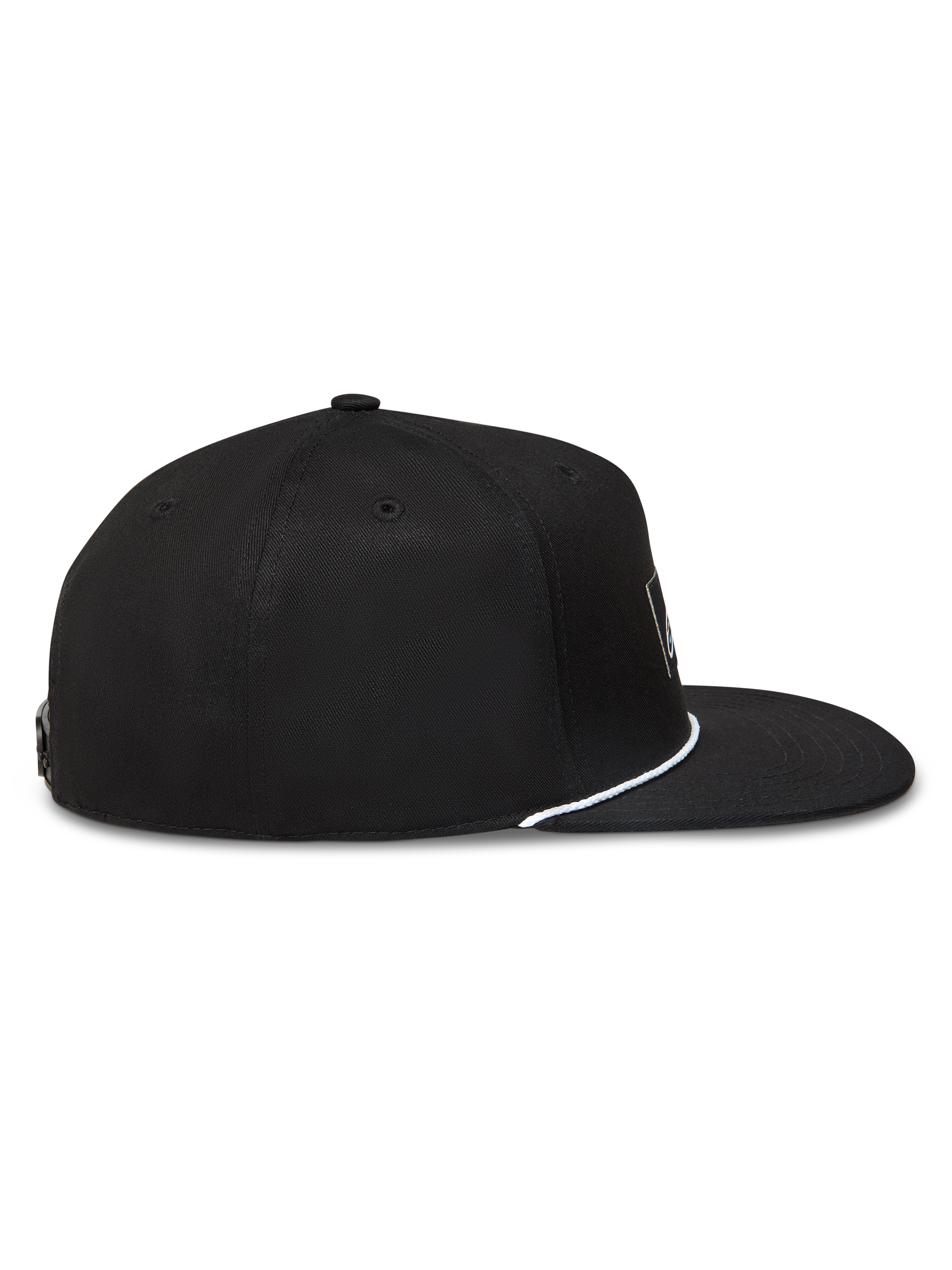 Alpinestars Label Snapback, casquette sportswear noire avec visière plate et cordon blanc, vue de profil