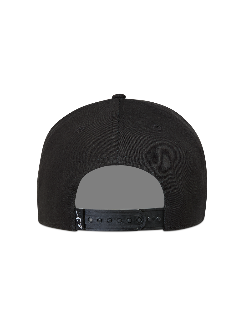 Alpinestars Label Snapback, casquette sportswear noire, vue de dos avec fermeture snapback et étiquette logo Astars blanche.