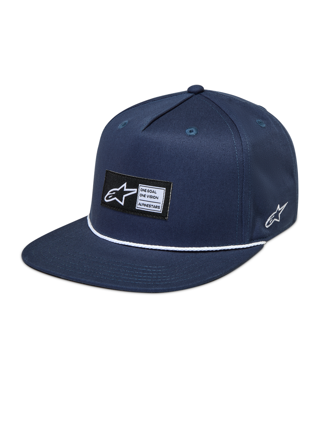 Alpinestars Label Snapback, casquette sportswear bleu marine à visière plate, écusson tissé et cordelette blanche.