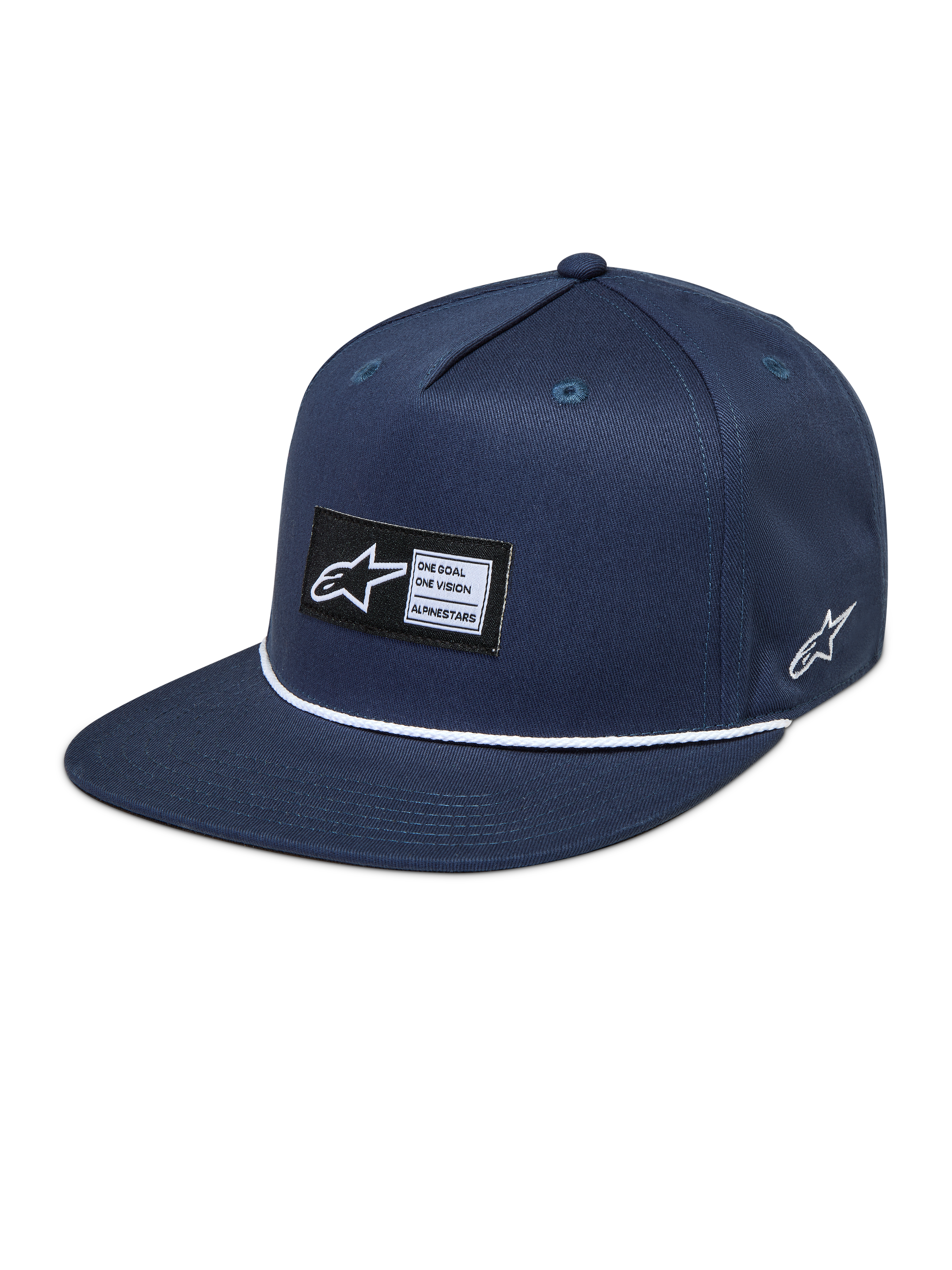 Alpinestars Label Snapback, casquette sportswear bleu marine à visière plate, écusson tissé et cordelette blanche.