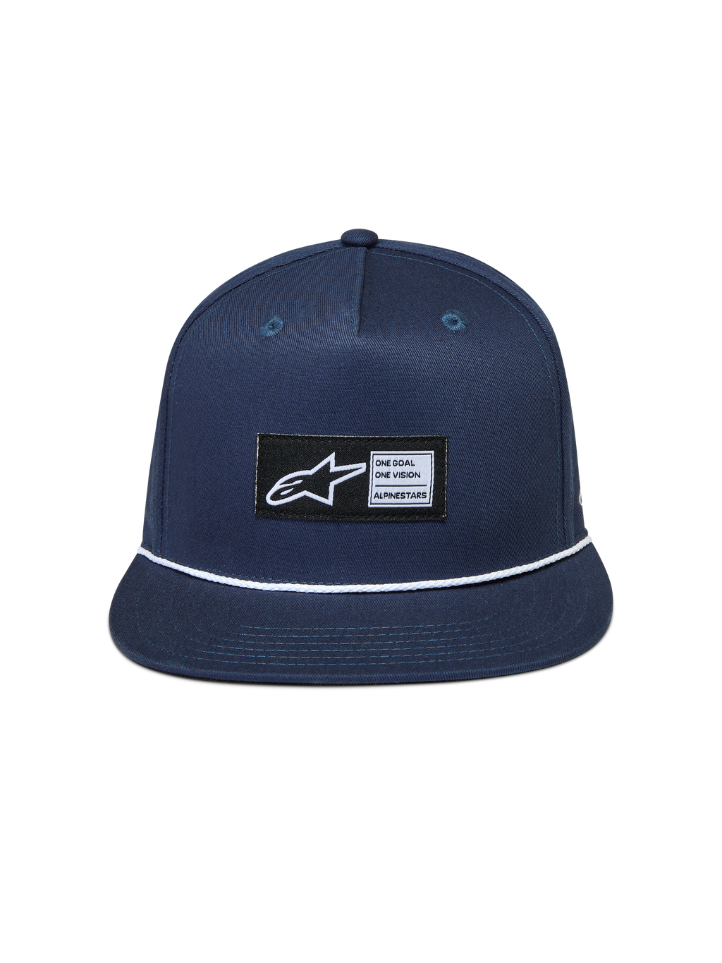 Alpinestars Label Snapback, casquette de sportswear bleu marine avec visière plate, corde blanche et patch logo tissé.