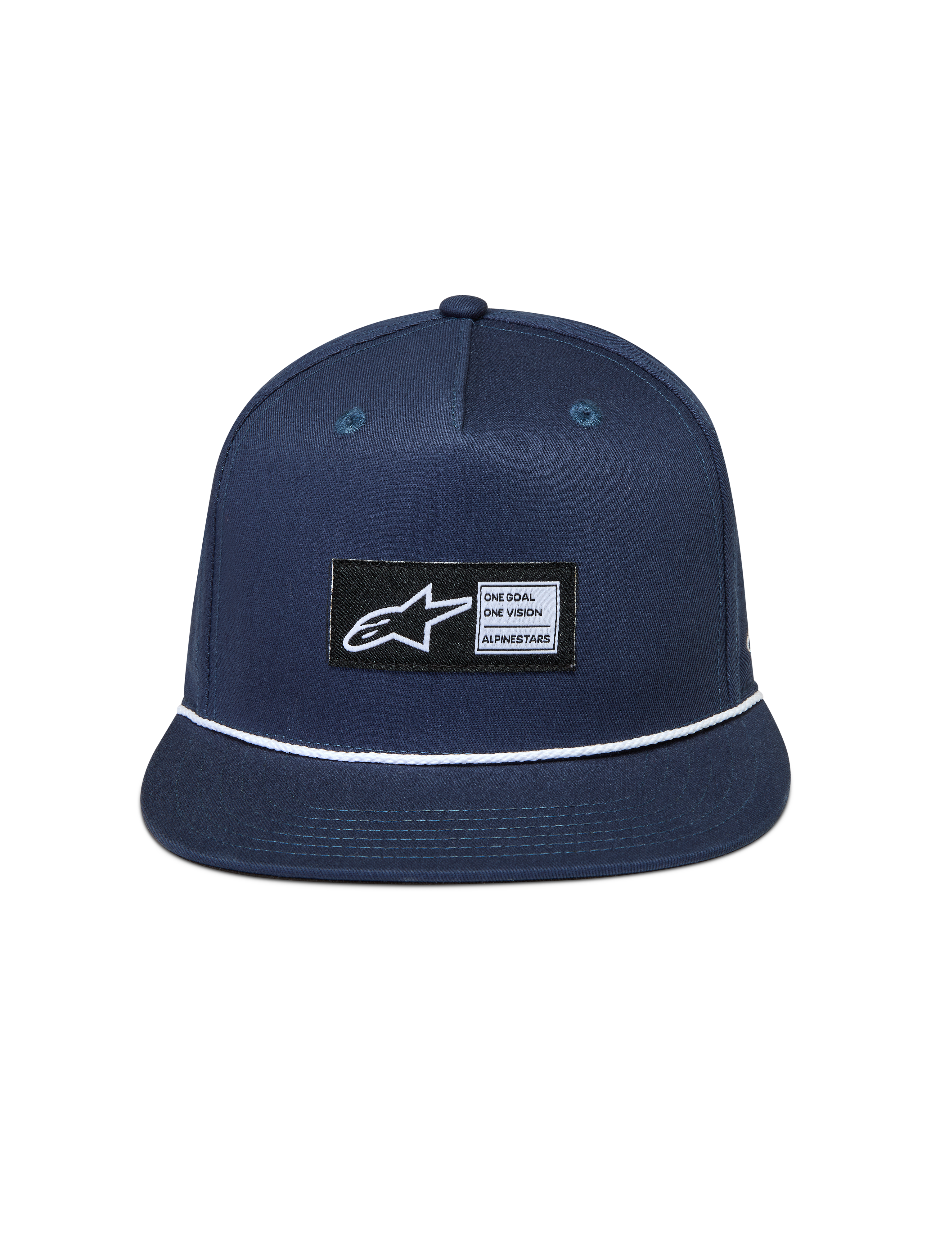 Alpinestars Label Snapback, casquette de sportswear bleu marine avec visière plate, corde blanche et patch logo tissé.