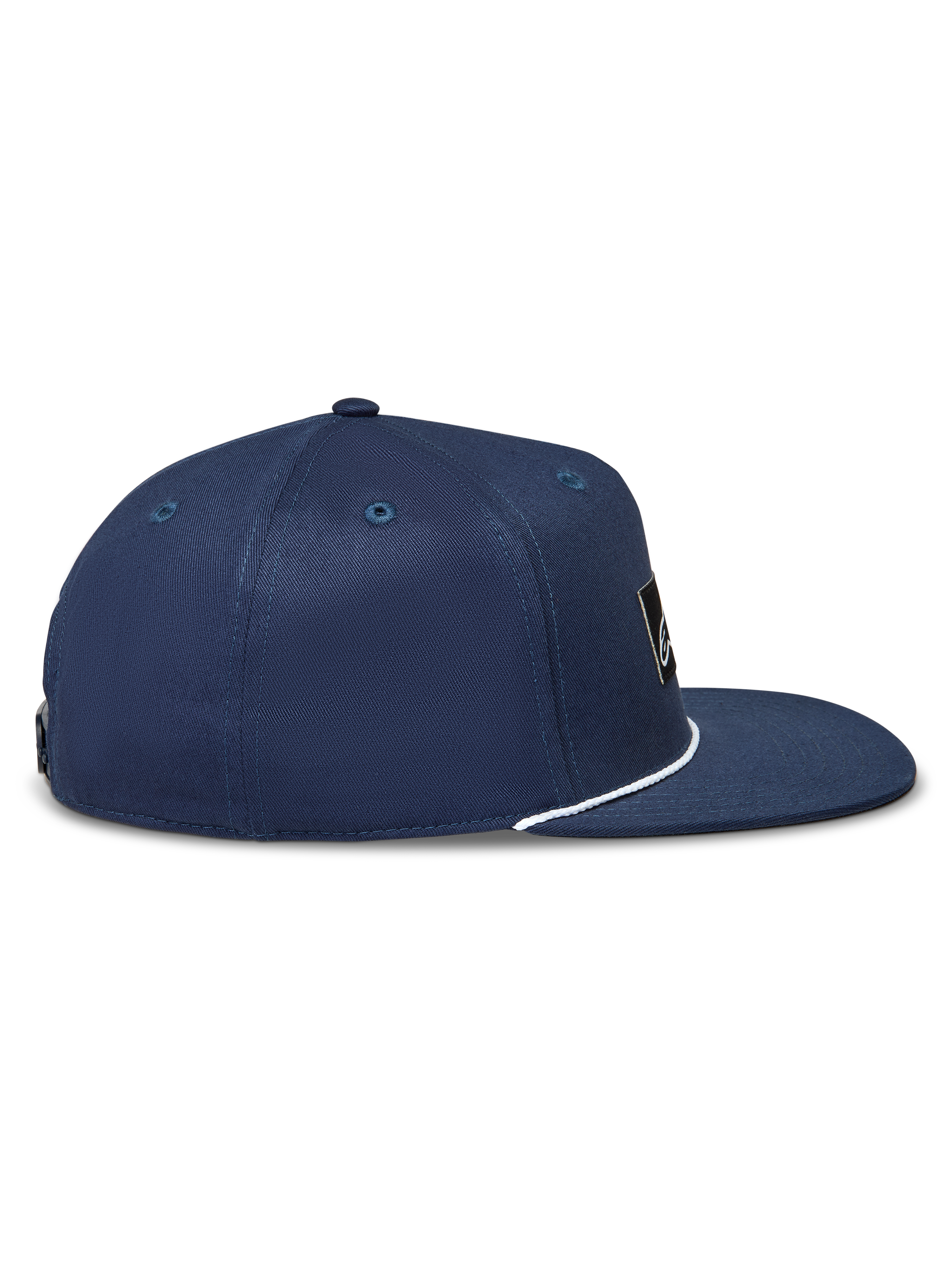 Alpinestars Label Snapback, casquette sportswear bleu marine, vue de profil avec visière plate et détail de corde blanche